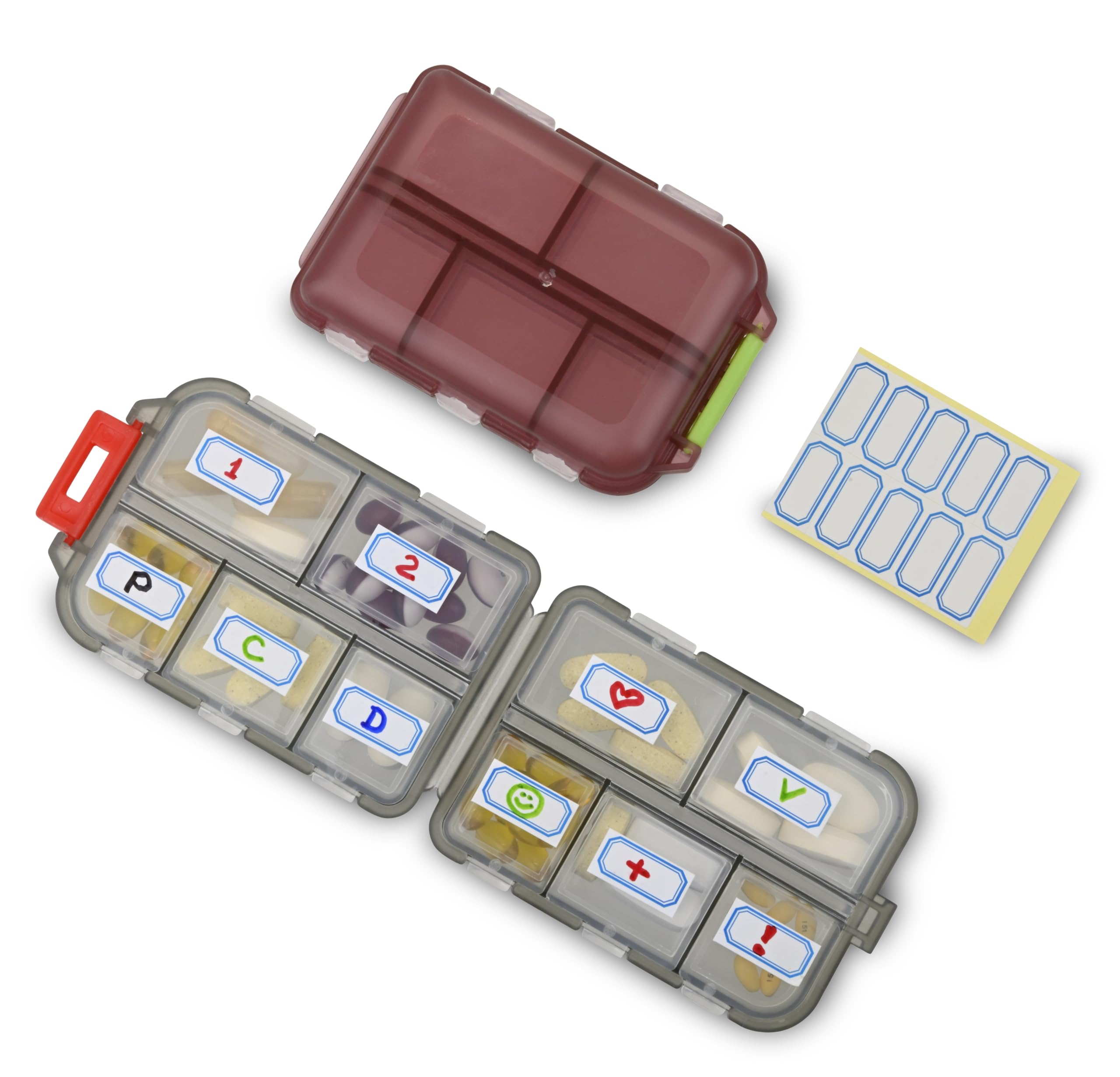 2 Pack Travel Portable Pill Organizer Pocket Size with 10 Compartments 10 Sticky Notes Small Fold Pill Boxes
