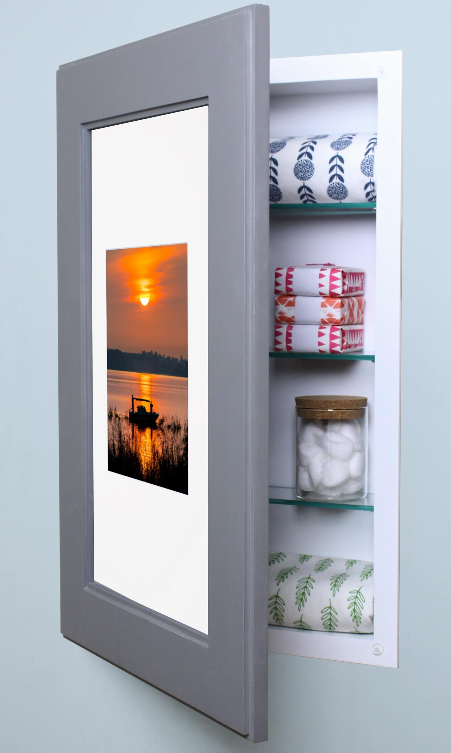 14x24 Concealed Picture Frame Medicine Cabinet Without Mirror for Bathroom, Recessed in The Wall, Made in North America, Real Wood, NO MDF, Adjustable Shelves, Dark Gray Shaker