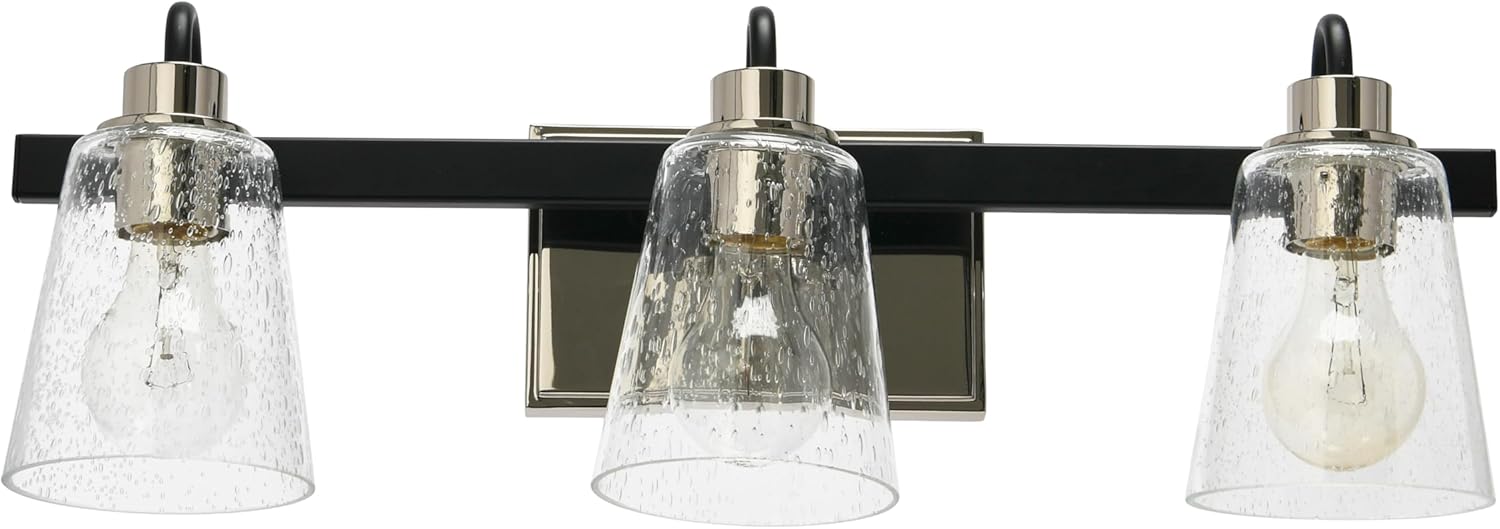 Jameson - Metal Seedy Glass 3-Light Vanity Light, Matte Black and Polished Nickel