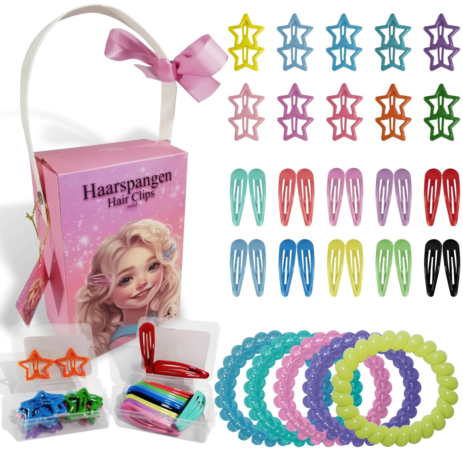PAVELS Star Hair Clips Girls Set including Hair Scrunchie for Children Glitter Hair Clip Colourful 5 cm Cute Hair Clips Metal No Pull (Solid (Pink))