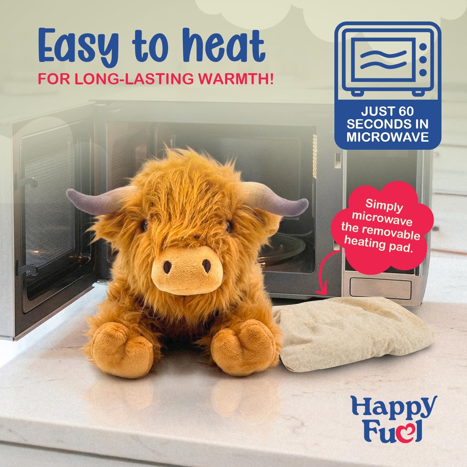 Highland Cow Microwavable Stuffed Animal – 1.5 lb Unscented Heating Pad Plush, Soft Cozy Cute Cow Toy for Relaxation and Comfort, Gift for Women, Girls, Adults & Kids by Happy Fuel