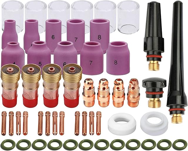 Zinger 53 peças de tocha de soldagem TIG lente de gás atrevido nº 10 kit de copos de vidro Pyrex acessórios para tocha de solda DB SR WP-17/18/26 TIG, com copo + tampa traseira + bocal + pinça + corpo de pinça + lente de +