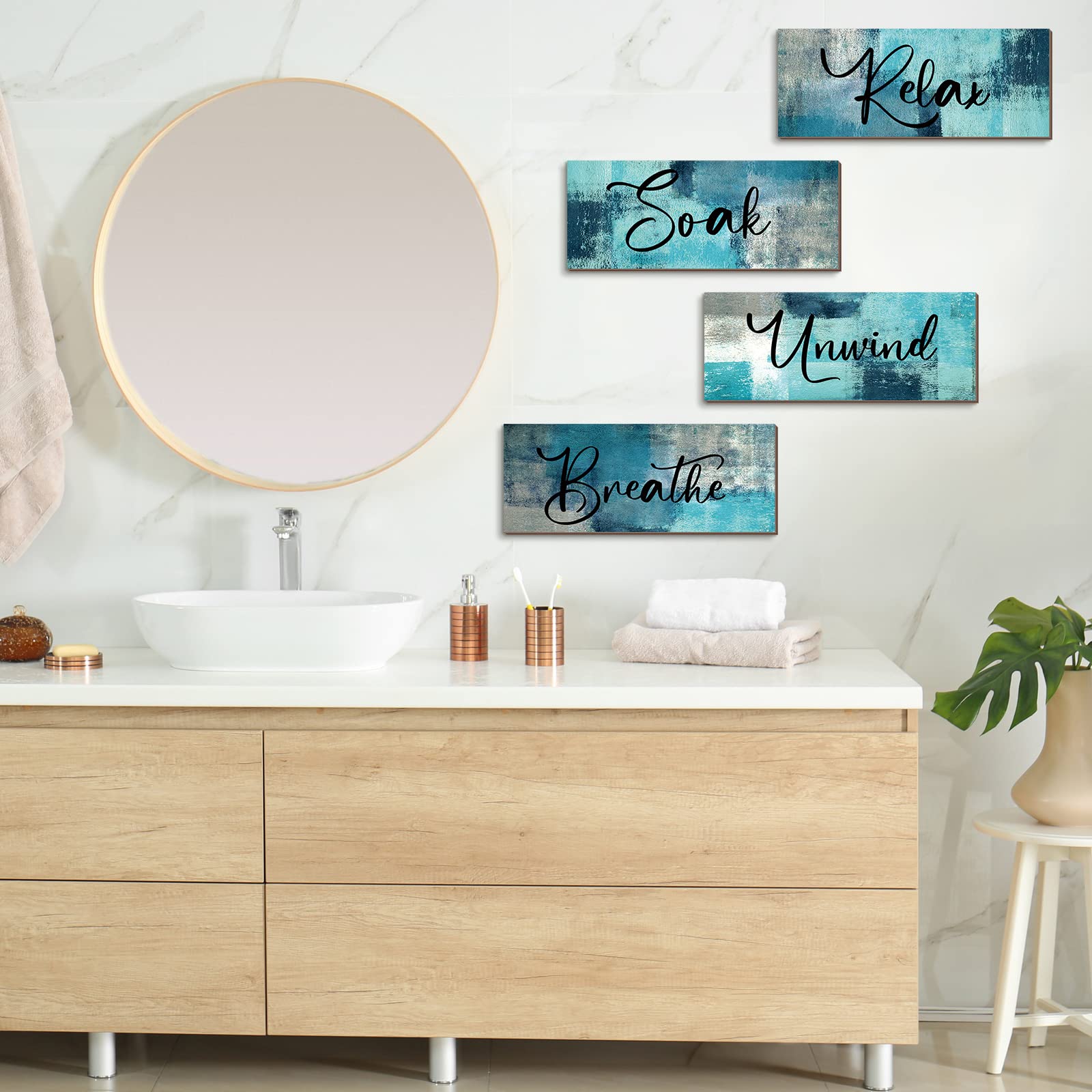 4 piezas de decoración de pared de baño de 10 x 4 pulgadas, arte contemporáneo de madera para baño, imágenes para remojar y relajarse, letrero colgante de spa, rústico, vintage, con frontones 5