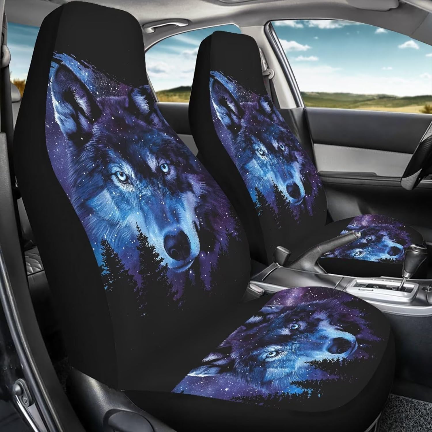 Bulopur Galaxy Wolf Car Seat Cover Set of 2 Pack Auto Front Seat Protector Universal Driver Seats Cushion Pads Decorative Car Interior Accessories