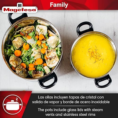 Miniatura 4 de MAGEFESA Family - Juego de utensilios de cocina de acero inoxidable de 5 piezas, tapas de vidrio templado con rejillas de ventilación, compatibles