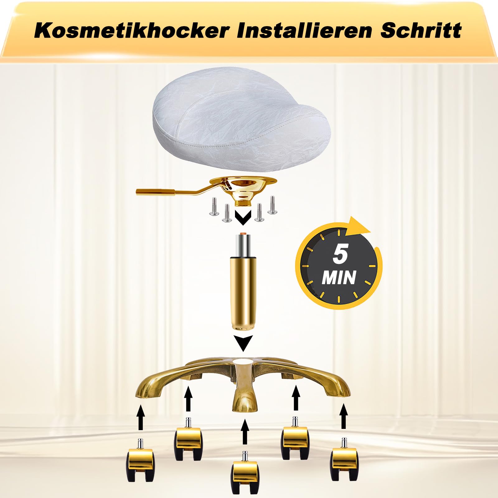 Dorado Taburete de Montar con Ruedas, Silla Tocador Banqueta Regulable, PU Cuero Patrón Glacial Giratoria Banquillo para Salón y SPA (Oro + Blanco, Sin Respaldo)