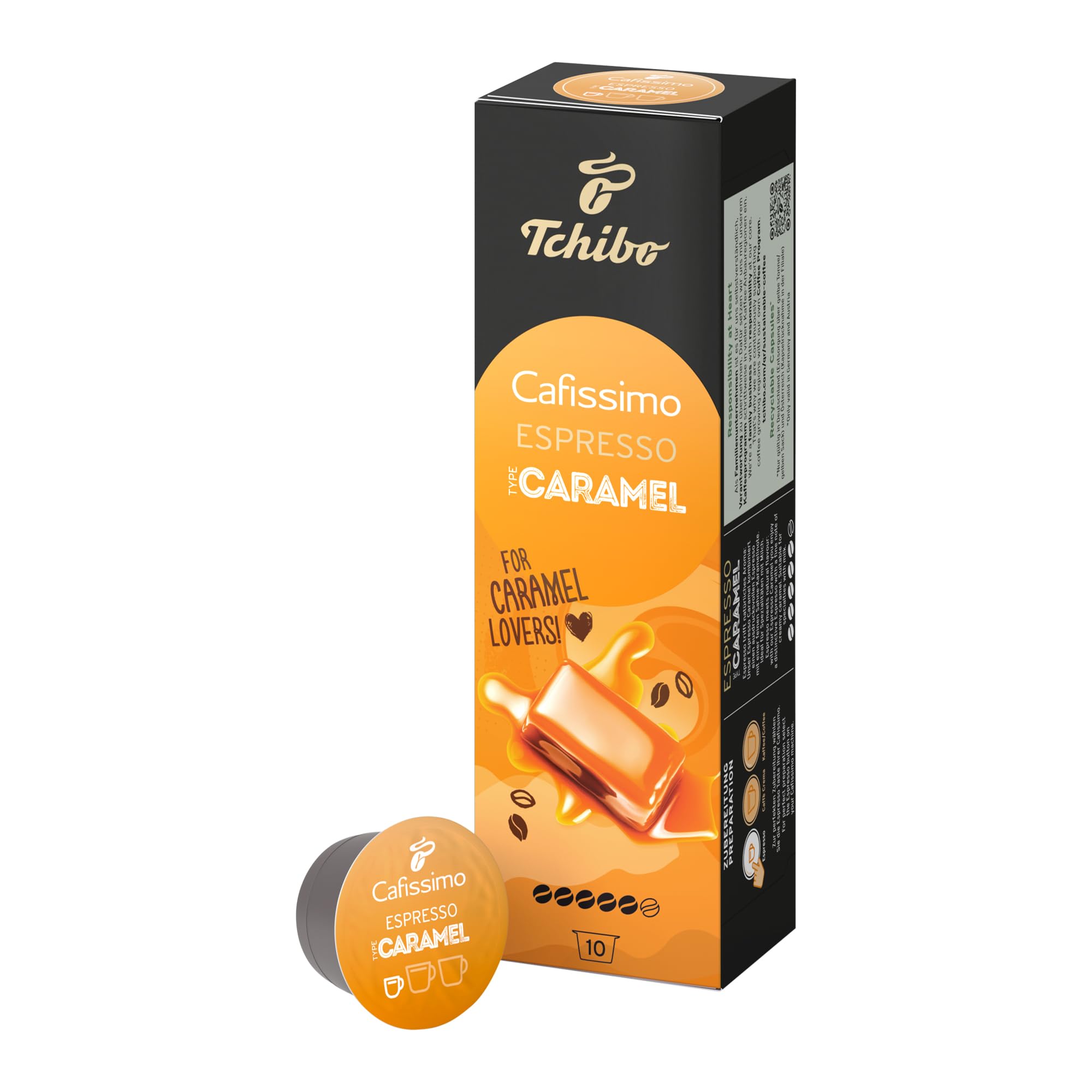 Tchibo Cafissimo Espresso Caramel Kaffeekapseln, 10 Stück (Espresso, ausdrucksvoll mit Sahne-Karamellnote), nachhaltig & fair gehandelt, Flavoured Edition