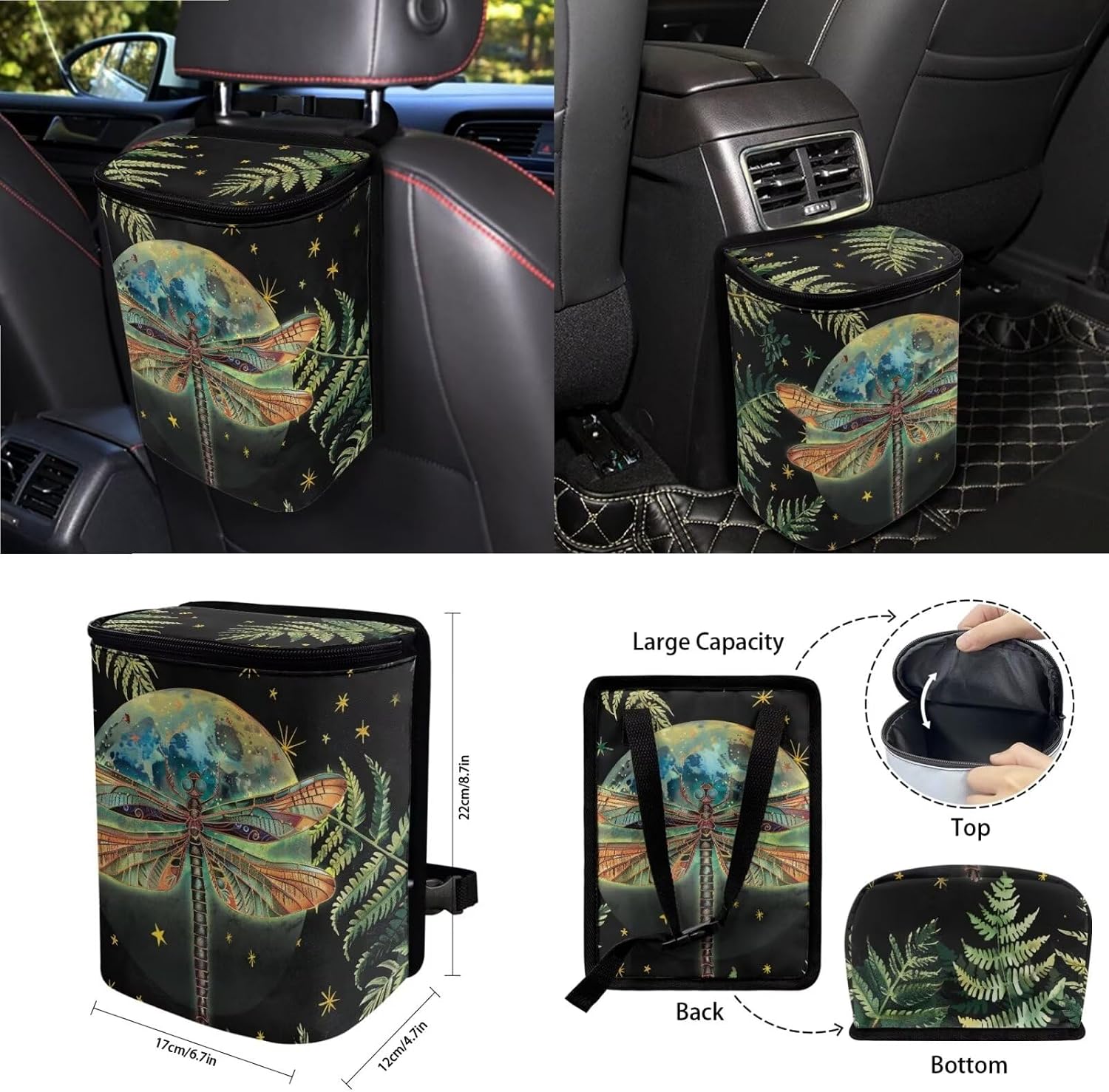Wanyint Dragonfly Moon Leaf Car Seat Cover Front Back Seat Protector 15 PCS, with Steering Wheel Cover Seat Belt Pad Garbage Bag Air Vent Bag Rearview Mirror Cover Coasters Key Chain Fit Most Vehicles