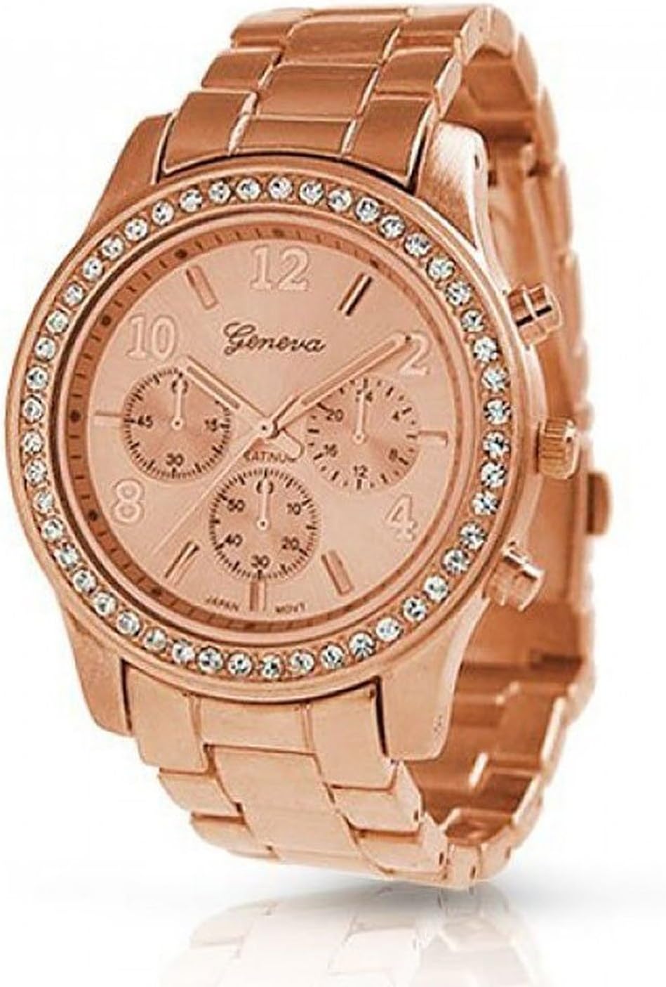 Geneva Rose Gold Plated Classic Round CZ Stainless Steel Back Ladies Boyfriend Watch