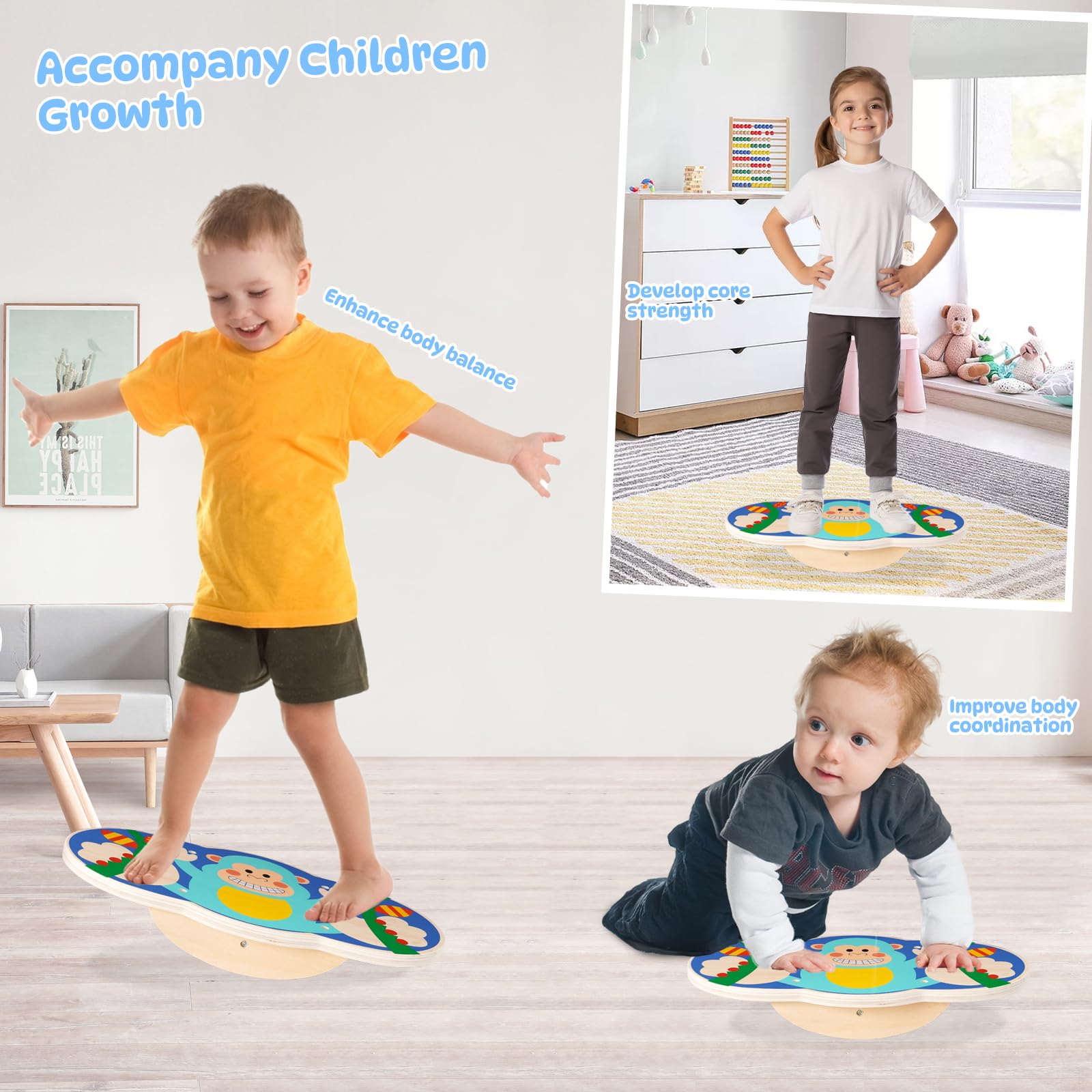 Balance Board Kinder, Wackelbrett, Balancieren Kinder Indoor, Fördert Gleichgewichtssinn und Konzentration, Affenmuster