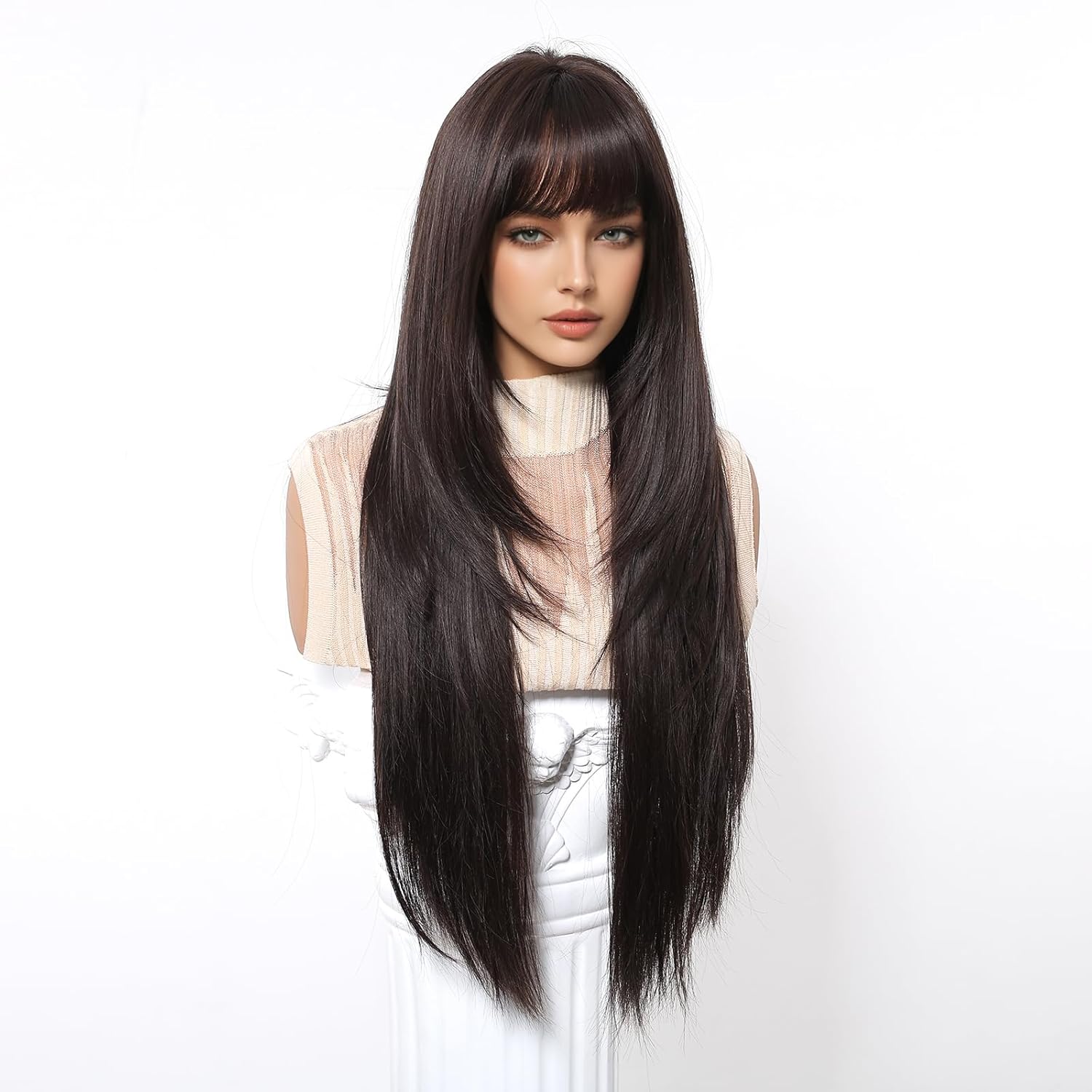 Dark Brown Synthetic Wig with Bangs Glueless Long Straight Layered Wigs for Women 28 Inch