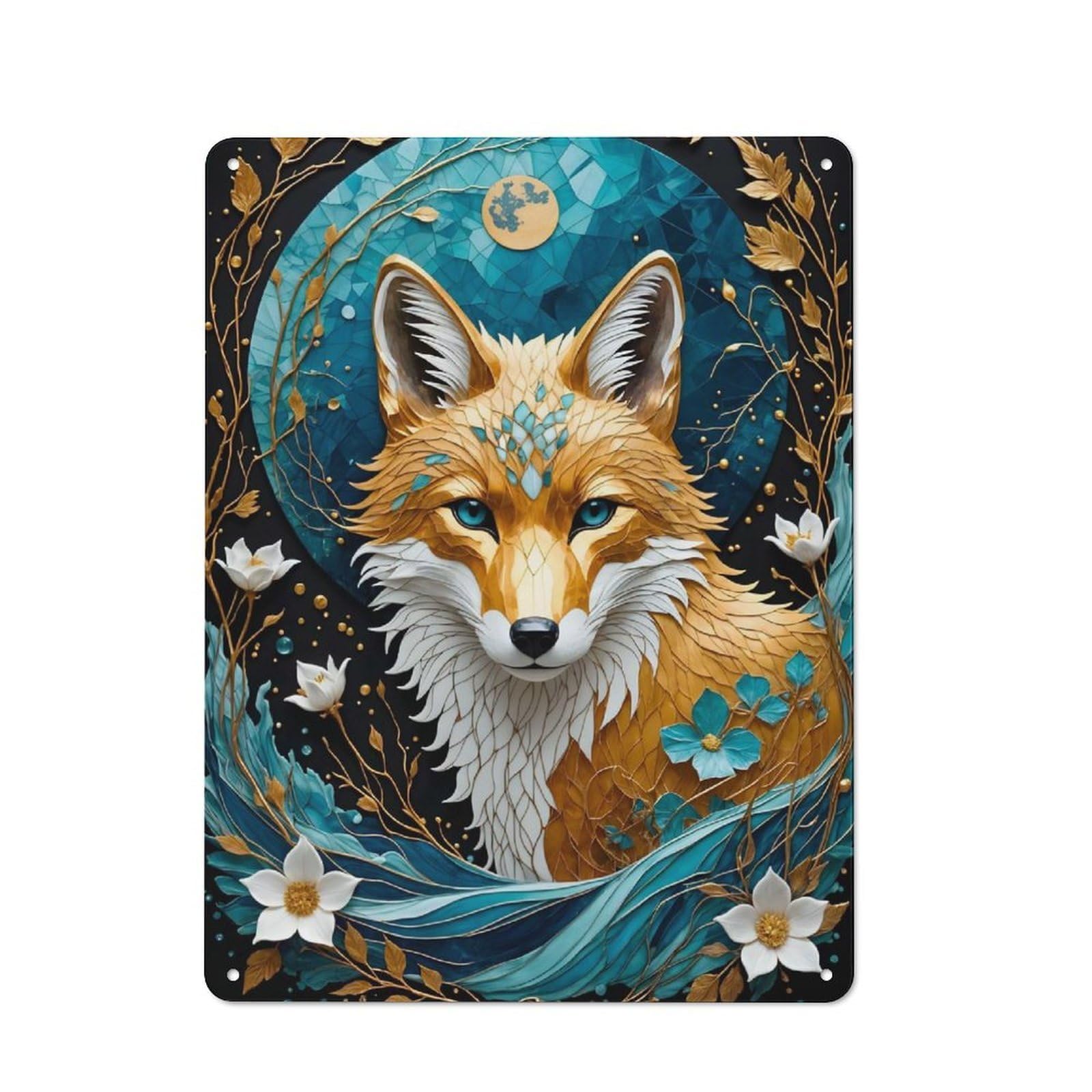 Junmoney Kitsune Fox Kintsugi Tin Sign 40X30cm, Vintage Pub Wall Decor For Bar, Kitchen, Garage Or Games Room, Small Accent For Blank Walls
