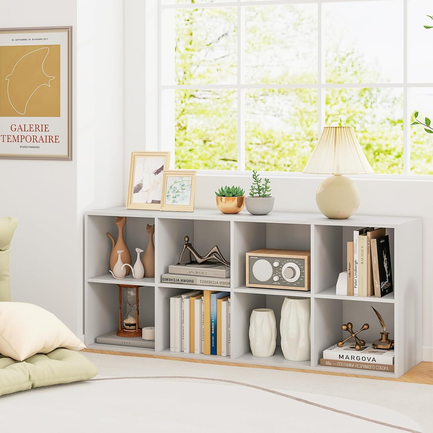 8 Cube Bookcase, Horizontal Bookshelf with 8 Open Cubes, Wood Bookshelves & Bookcases, Modern Display Shelf, Bookshelf for Bedroom, Living Room, Kids Rooms, Study (White, 8 Cubes)