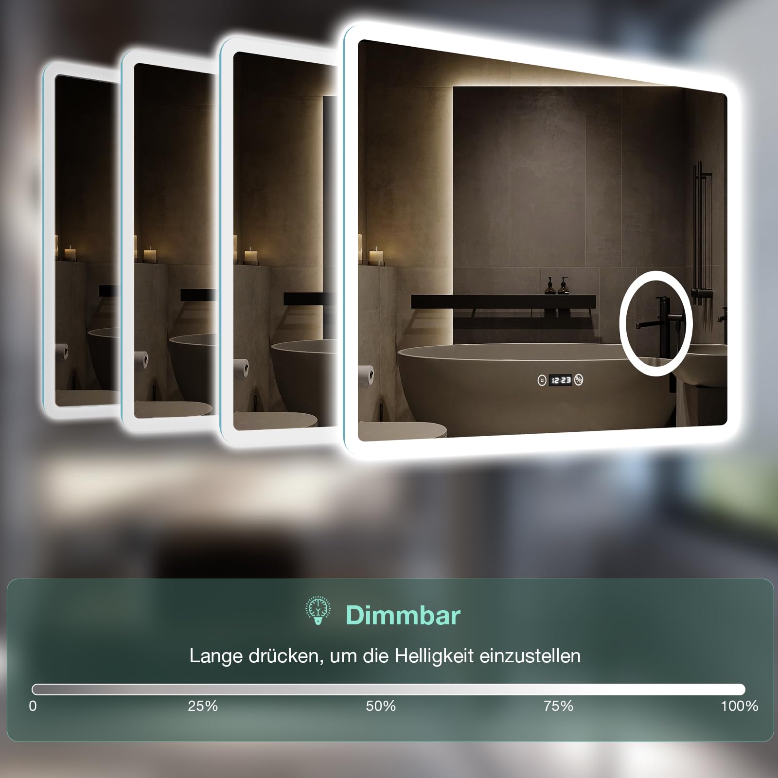 LED Bad Spiegel 80x60 cm mit Beleuchtung, 3 Lichtfarben & Dimmbar, Antibeschlag, Uhr & 3-fache Vergrößerung, Wandspiegel für Badezimmer