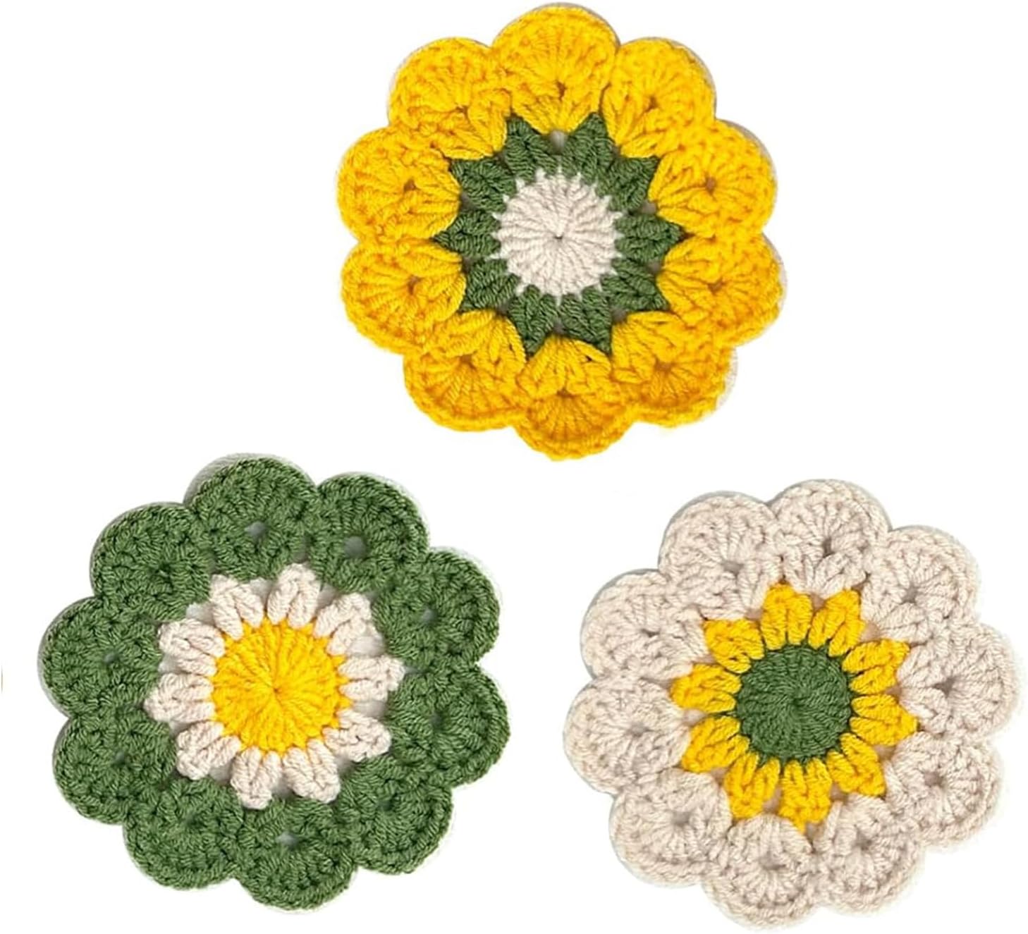Handmade Crochet Coasters Set of 3 - Cute Flower Round Coasters, Soft Decorative Housewarming Gifts for Women & Girls