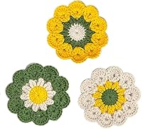 Handmade Crochet Coasters Set of 3 - Cute Flower Round Coasters, Soft Decorative Housewarming Gifts for Women & Girls