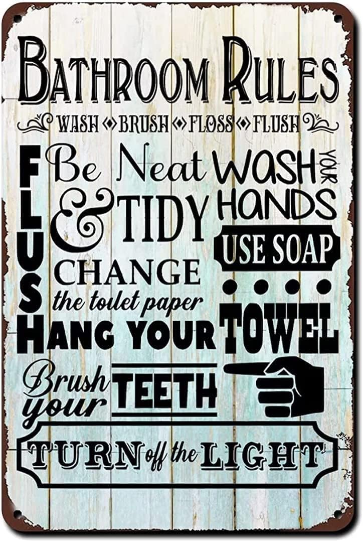 Kisoyo Bathroom Rules Retro Tin Sign Toilet Sign Vintage Metal Sign Bathroom Sign Vintage Bathroom Rules Funny Metal Tin Sign Home Bar Bathroom Wall Decor Plaque Signs 12X16 Inch