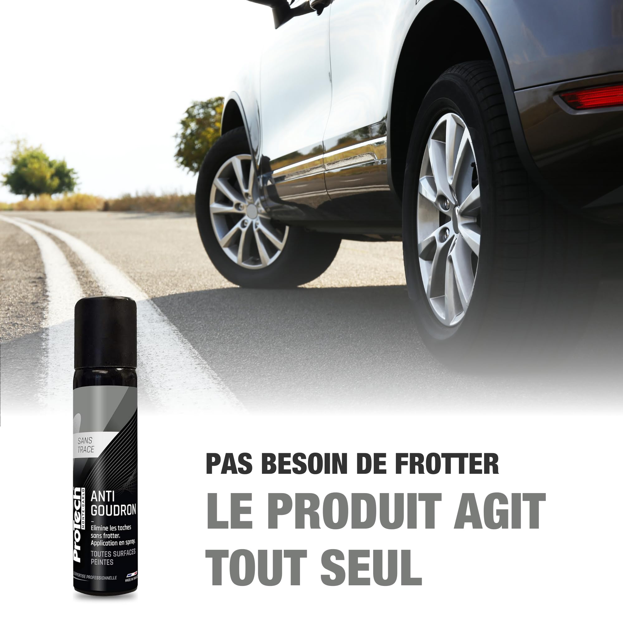 ProTechMC | Anti Goudron pour Voiture | Élimine Les Tâches de Goudron, Huile, Cambouis, Graisses | sans Effort | Nettoyant Goudron Carrosserie | Toutes Surfaces Peintes | Made in France | 80ml