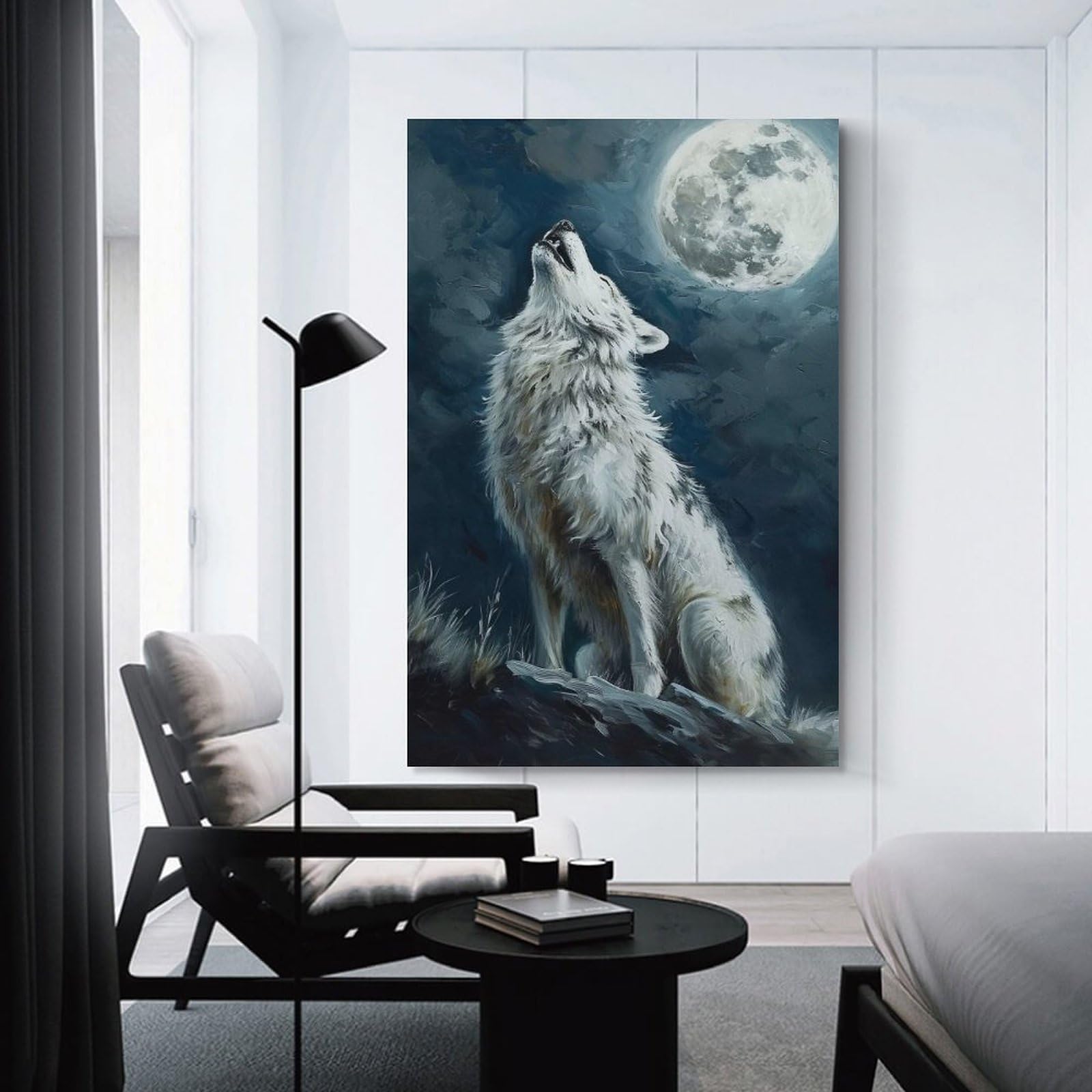 Junmoney Unframe-Style-21 Wolf Howling Moon Night Wall Picture Print 20X30inch(50X75cm), For Calm Bedrooms, Home Corners Or Flats, Home Artwork With A Soft Interior Feel