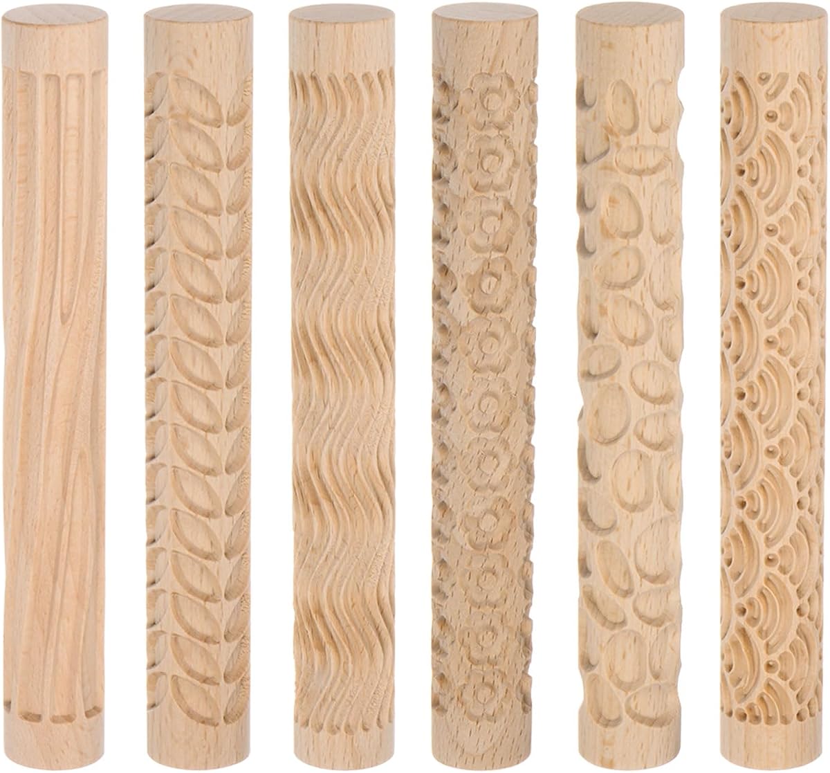 HARFINGTON 6 rodillos de arcilla de madera para modelar patrones de 5,9 pulgadas, rodillos de mano de madera de haya, herramientas de cerámica de madera, rodillos de textura de grano de madera para arcilla, hornear, plastilina, bricolaje
