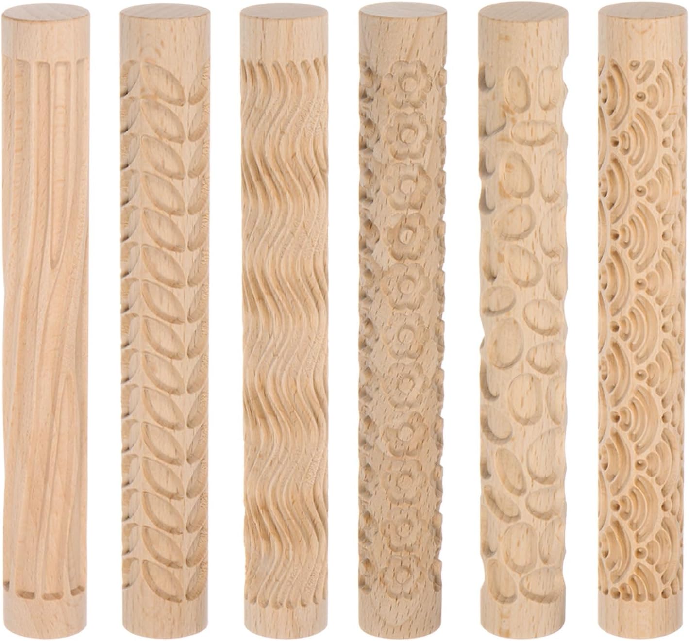 HARFINGTON 6pcs Wood Clay Roller Pattern Modeling 5.9 Inch Beech Wood Hand Rollers Wooden Pottery Tools Wood Grain Texture Rollers for Clay Baking Playdough DIY