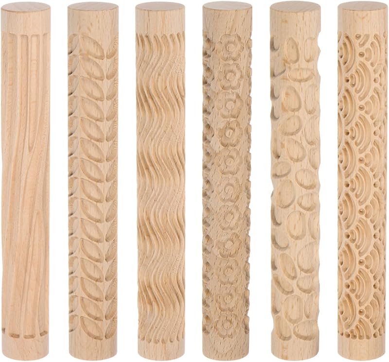 HARFINGTON 6 rodillos de arcilla de madera para modelar patrones de 5,9 pulgadas, rodillos de mano de madera de haya, herramientas de cerámica de madera, rodillos de textura de grano de madera para arcilla, hornear, plastilina, bricolaje