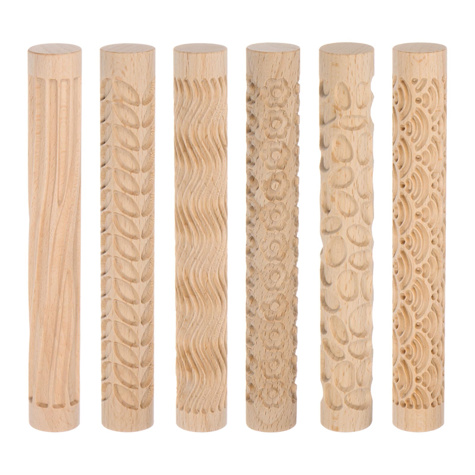HARFINGTON 6pcs Wood Clay Roller Pattern Modeling 5.9 Inch Beech Wood Hand Rollers Wooden Pottery Tools Wood Grain Texture Rollers for Clay Baking Playdough DIY