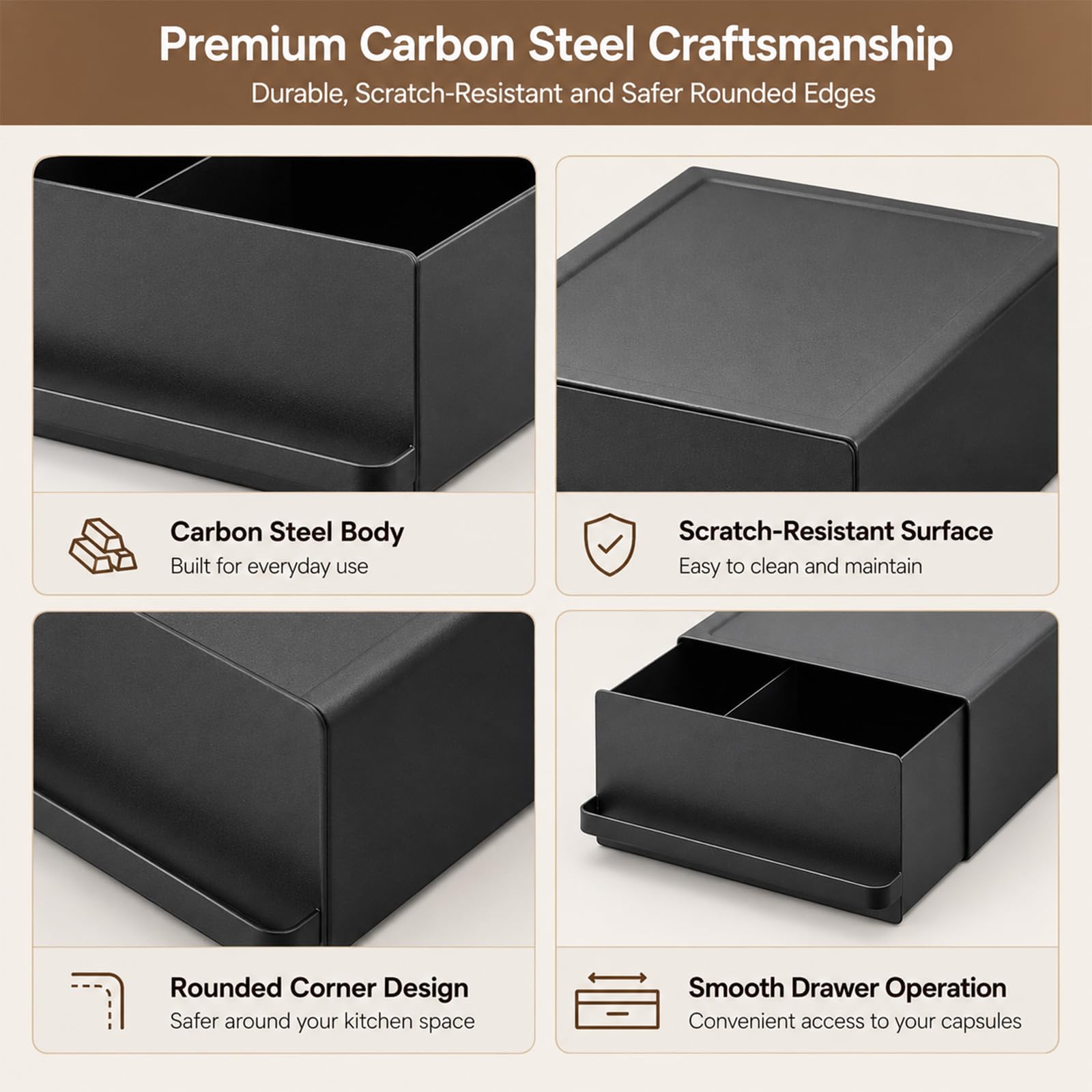 Contenitore per capsule da caffè (27,5 x 22,2 x 11,5 cm) con cassetto, realizzato in acciaio al carbonio, capacità di carico di 11 lbs,organizer per macchina da caffè, mixer, bollitore