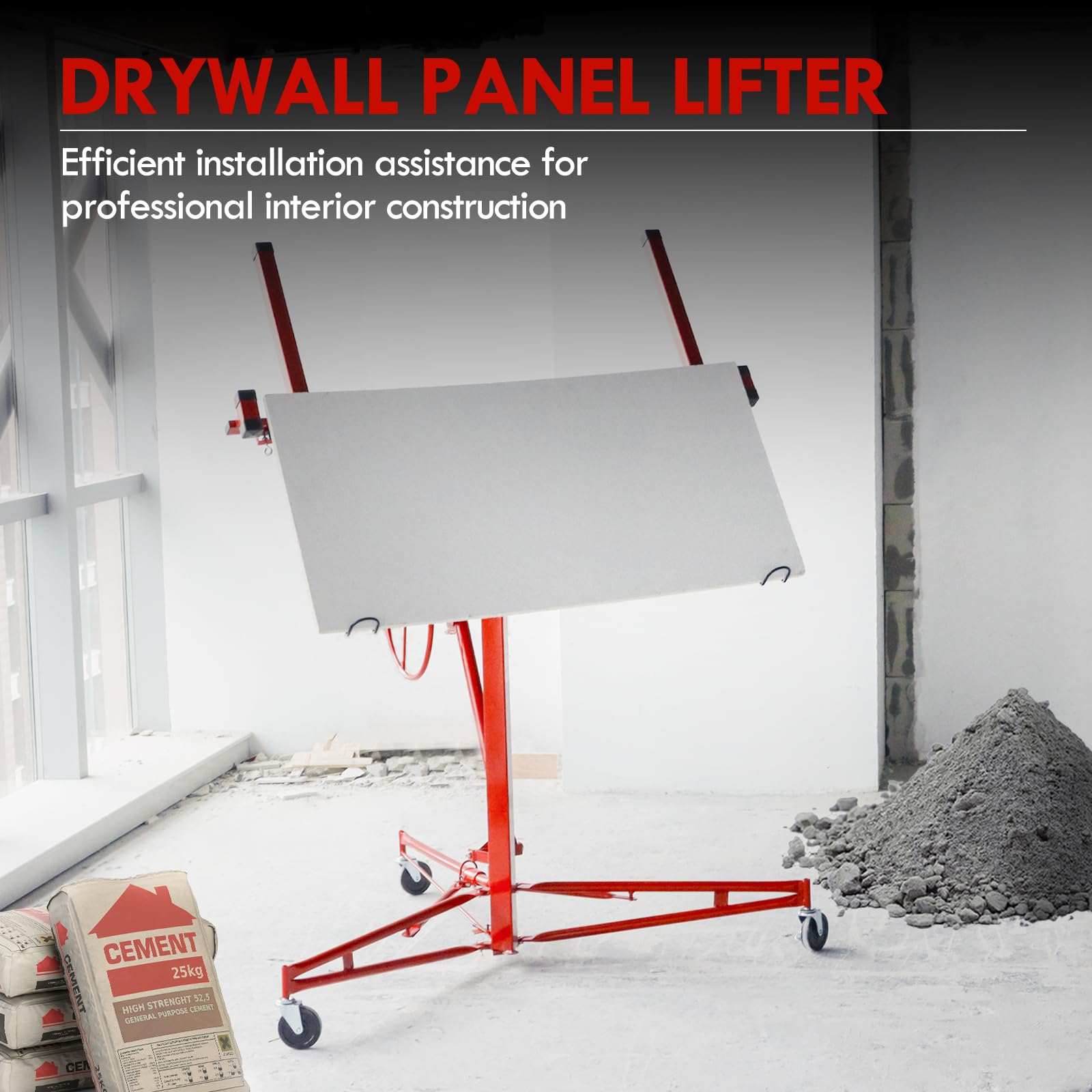 CCLIFE Plattenheber Klappbar XXL Trockenbau Rigips bis 68kg 140-350cm | Klappbarer Plattenlift mit 3 feststellbaren Rädern, Hubhöhe 140–350cm, max. 68kg Traglast, rote Ausführung für Rigipsarbeiten