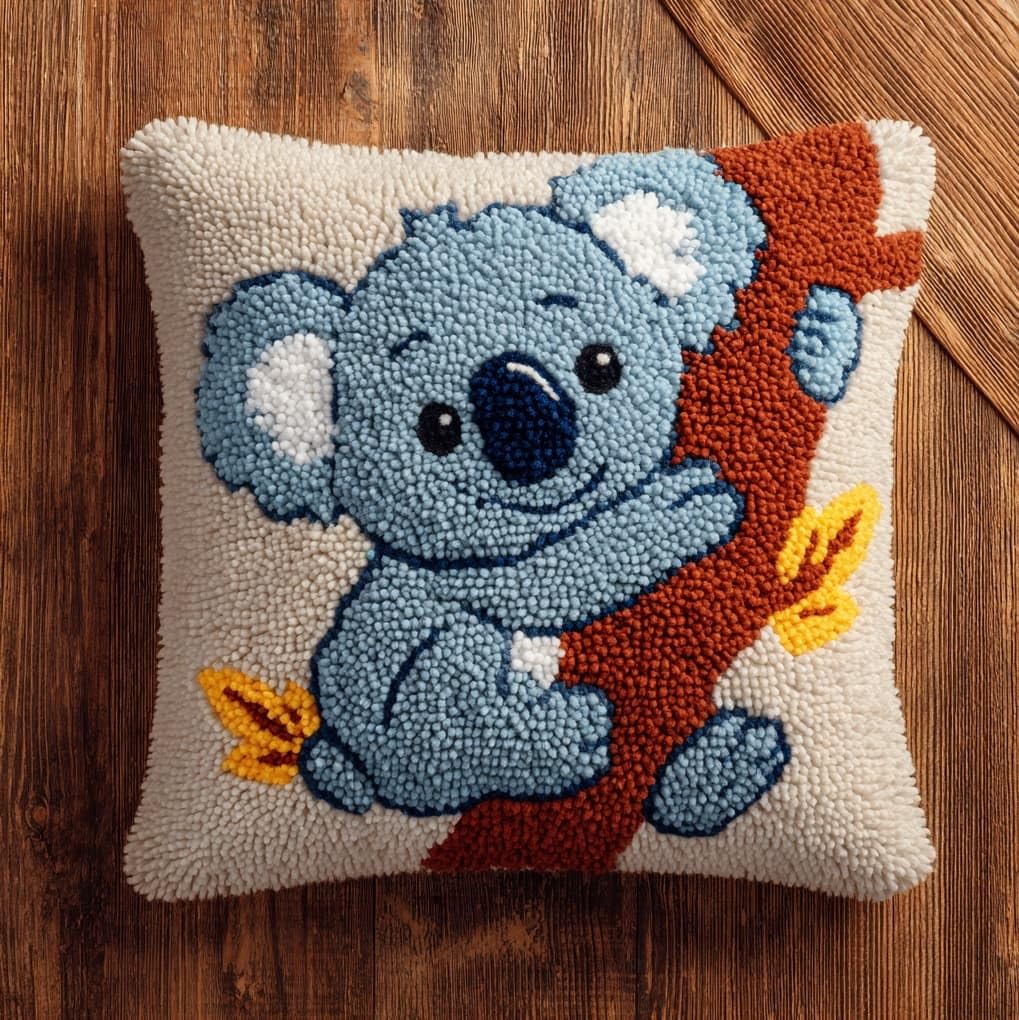 WallustrioaW Latch Hook Cushion Kits,Koala Animals,Latch Hook Pillow Case Kits Embroidery Carpet Set DIY Needlework,17x17in