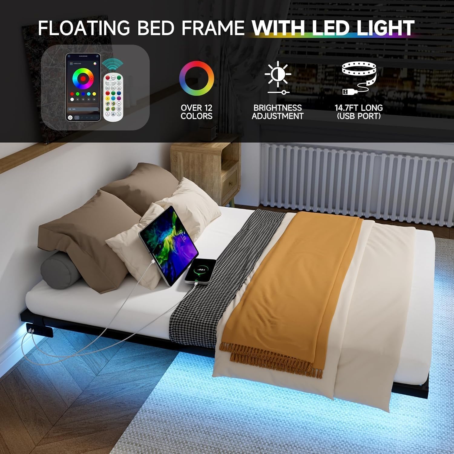 Floating Bed Frame King Size with LED Lights and Charging Station, Metal Platform Bed, Easy Assembly No Box Spring Needed