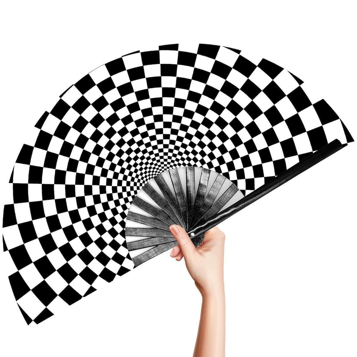 OMyTea Large Rave Clack Folding Hand Fan for Men/Women - Chinese Japanese Bamboo Handheld Fan - for EDM, Music Festival, Club, Event, Party, Dance, Performance, Decoration, Gift (Speed Checkered)