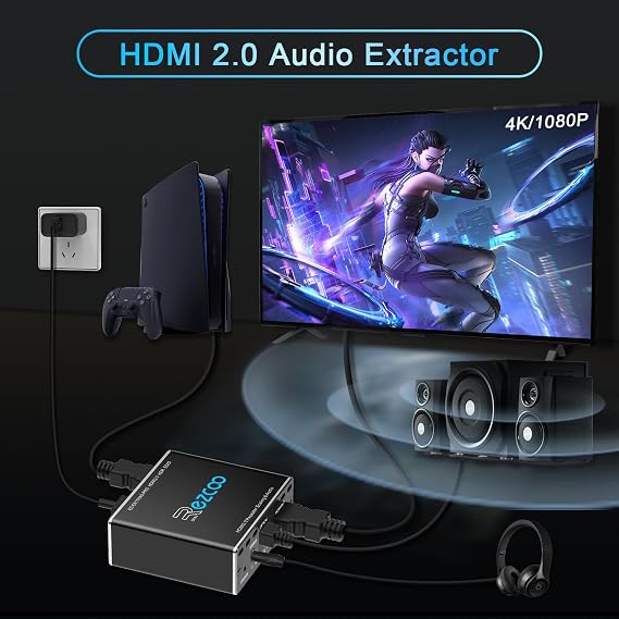 HDMI 2.0 Audio Extractor 4K 60Hz PS5 1080P 120Hz 4:4:4 HDCP 2.2 CEC D-olby vision HDR de-embed SPDIF Optical 5.1CH 3.5mm stereo L/R Audio Breakout D-olby Digital Audio Decoder EDID Management Scaler