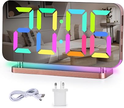 Sukeen Alarm Clock for Bedroom,7.4" Mirror Digital Clocks Large Display,with RGB Night Light, USB C Charger Port,Auto Dimming,LED Desk Clock for Kid Teen Girl Adults Room-Rose Gold
