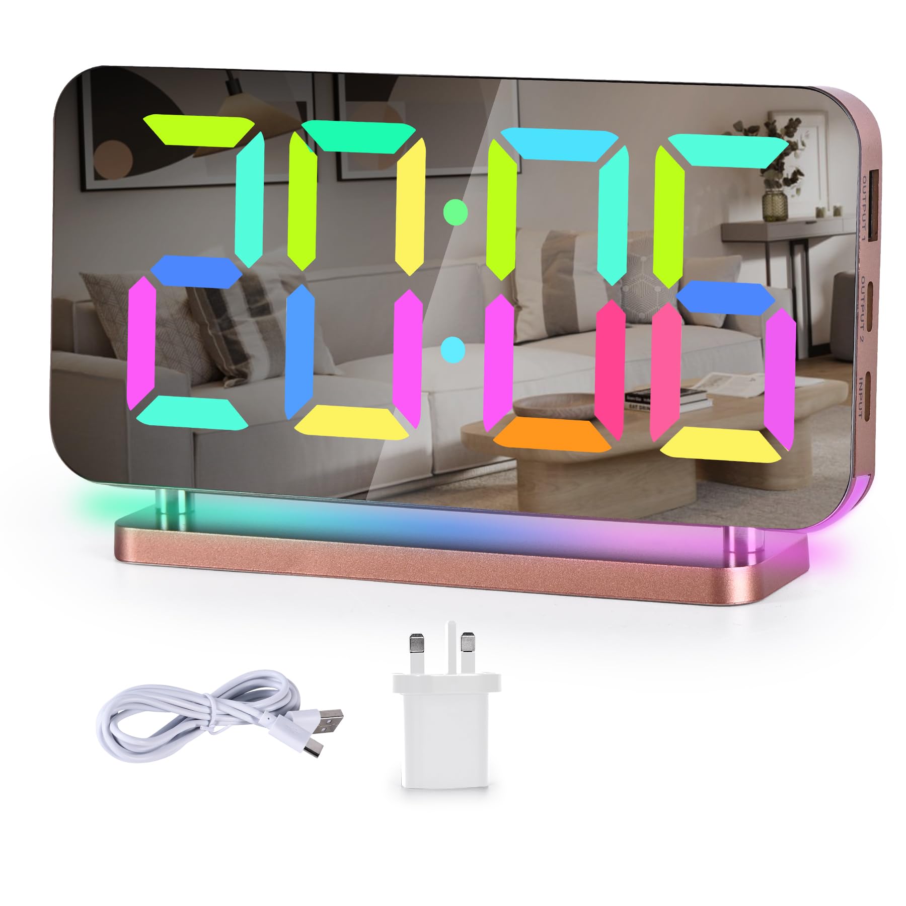 Sukeen Alarm Clock for Bedroom,7.4" Mirror Digital Clocks Large Display,with RGB Night Light, USB C Charger Port,Auto Dimming,LED Desk Clock for Kid Teen Girl Adults Room-Rose Gold
