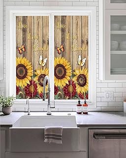 Sunflower Brown Wooden Window Privacy Film Stained Glass Window Film Decorative Window Cover Static Window Cling for Glass Door Vintage Flowers Butterfly Window Stickers for Bathroom 17.7"x39.3"