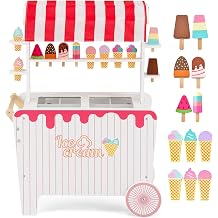 Costzon Ice Cream Cart Playset, Wooden Grocery Store w/Display Rack & Shelves, Frozen Compartment, 2 Large Wheels, Push Handle, 16 PCS Play Food, Toddler Ice Cream Trunk Toy Set for Boys Girls 3+