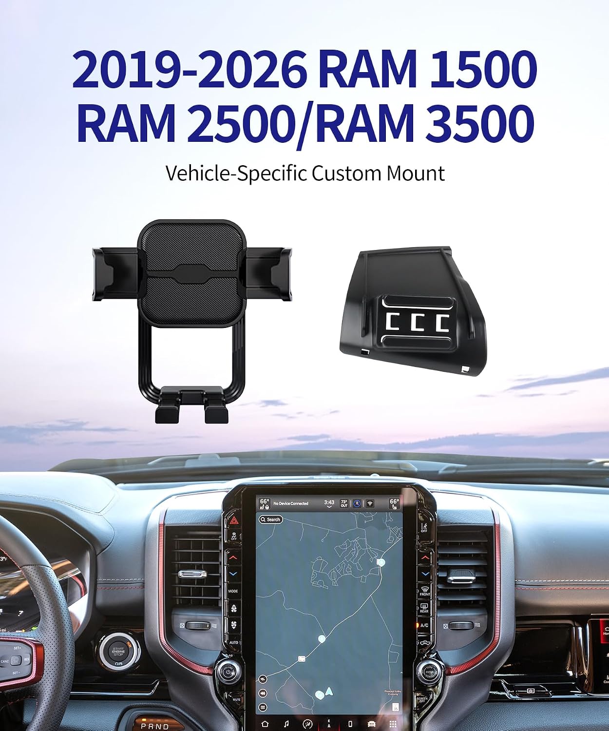 Car Phone Holder for 2019-2026 Dodge Ram 1500 2500 3500, 12/14.4-inch Screen Fixed Clip, Auto Accessories Navigation Bracket Interior Decoration Mobile Cell Phone Mount, 360° Rotation