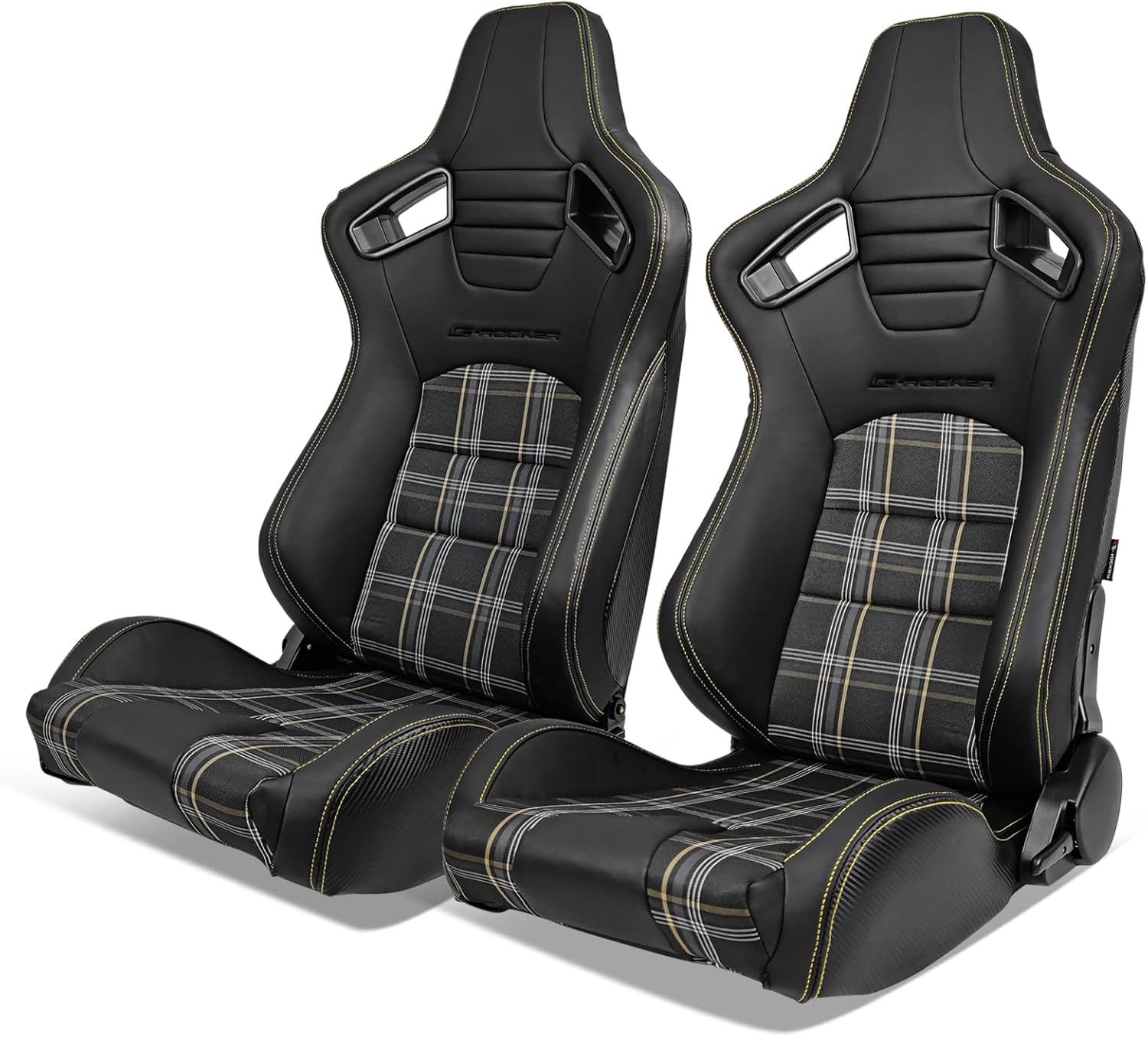 Universal Pairs of Racing Seat with Dual Sliders, PU Leather & Plaid Front+Carbon Leather Back Reclinable Bucket Seat, Black+Yellow Plaid w/LOGO