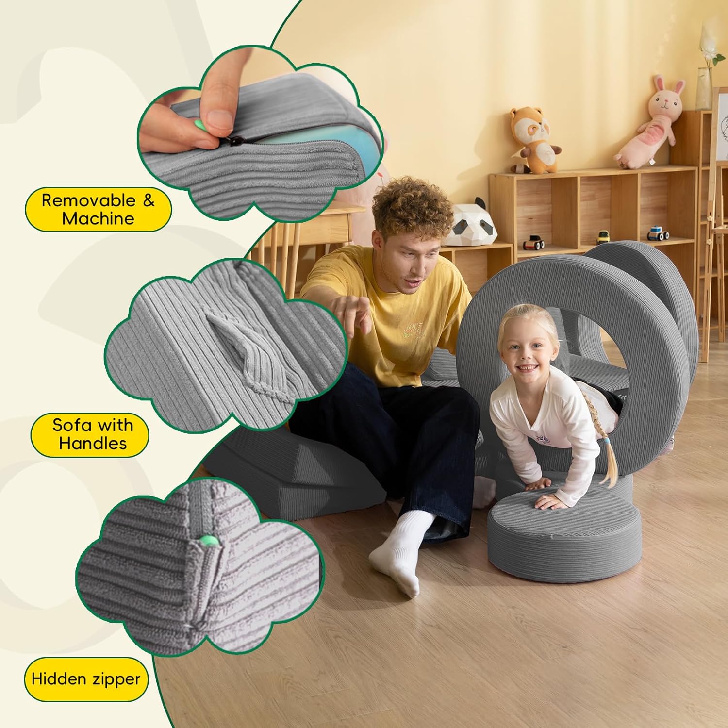 Frolic & Fun 16Pcs Modular Kids Play Couch for Toddlers, Fold Out Kids Couch Building Fort for Playroom Bedroom, Kid Convertible Explorer Sofa Cushions for Boys & Girls Grey