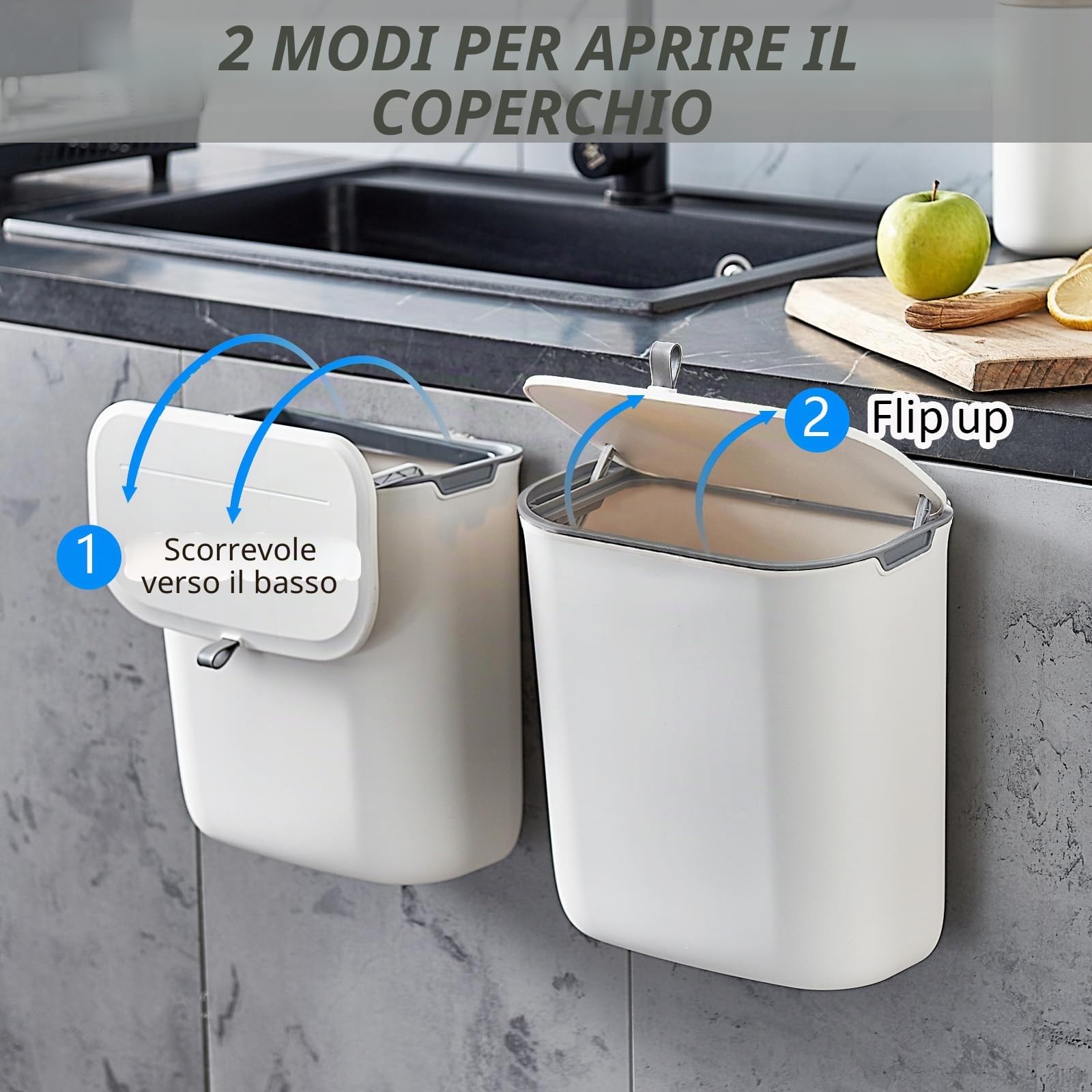 ELPHECO Pattumiera da cucina da 9,5 litri, da appendere, con coperchio, porta dell'armadio da cucina, sotto il lavandino, bidone della spazzatura in plastica, bidone della spazzatura con montaggio a