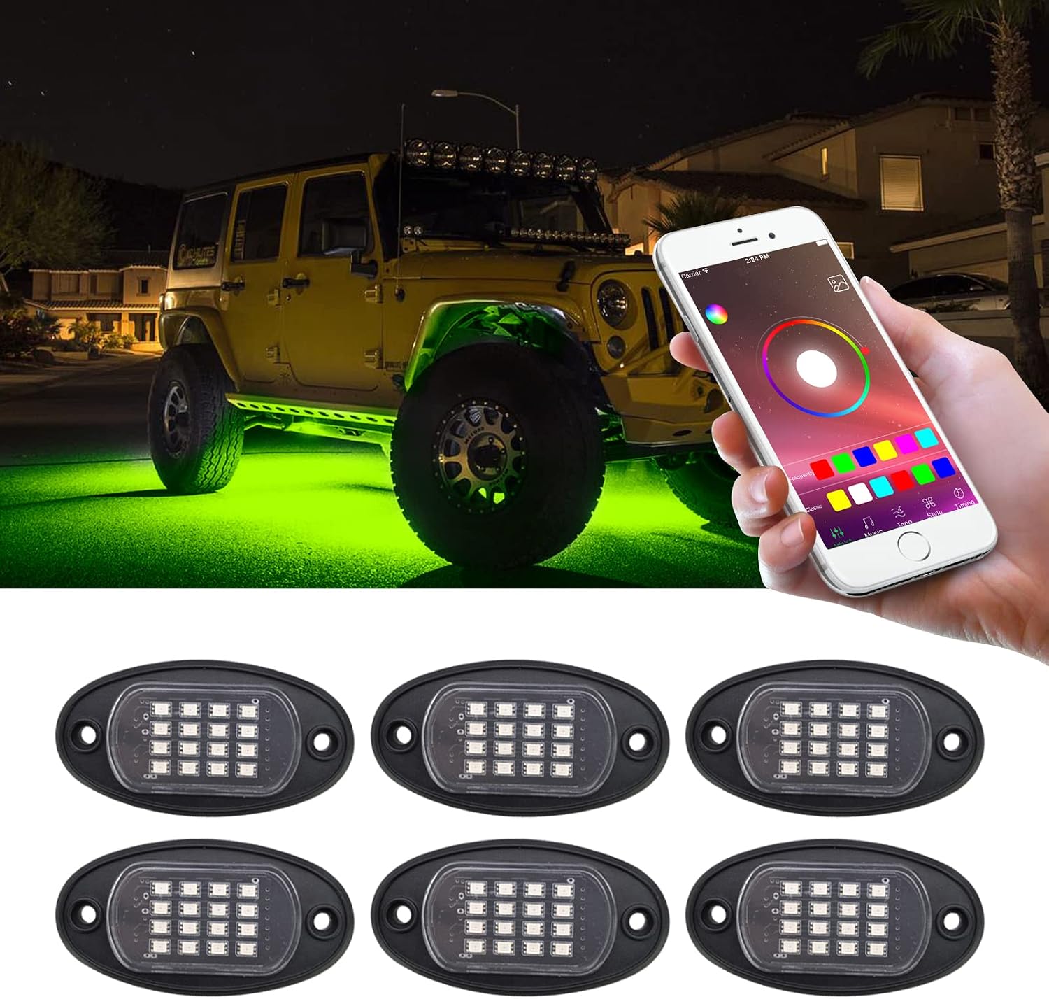 LED RGB Rock Lights 72 Multicolor Neon Underglow Waterproof Music Lighting Kit with Bluetooth Controller Phone App Remote Control for Cars Off Road SUV ATV Vehicles（6 Pods）