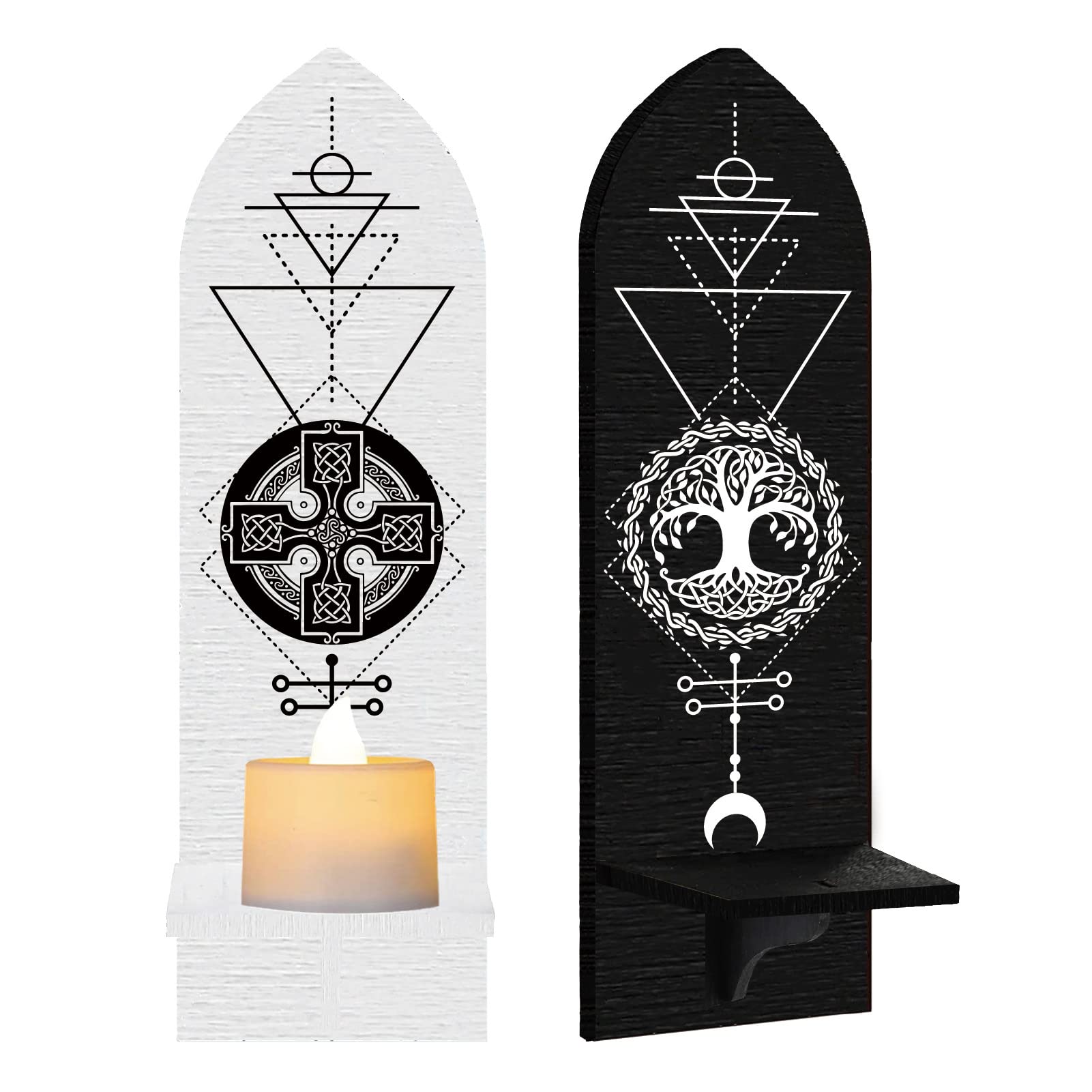 CREATCABIN Gothic-Wandkerzenhalter Set – 2 Stück, Holz, 10x36 Cm, Mond-Schlanken-Motiv
