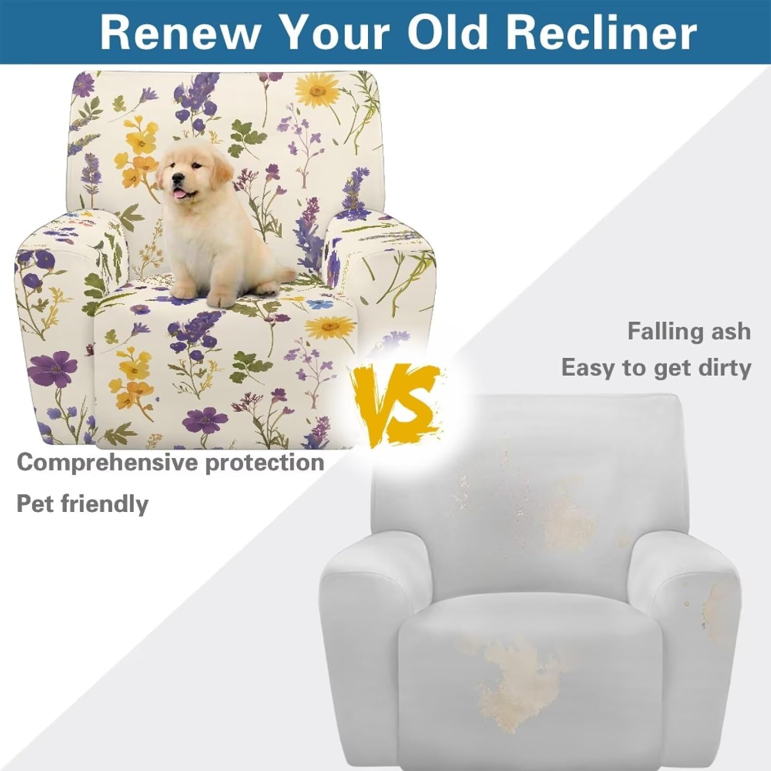 FOR U DESIGNS Floral Leaf Beige Scratch Proof Recliner Covers 4-Piece Stretch Set Stay in Place with Storage Pockets Soft Washable Fabric Pet Hair Resistant for Single Seater