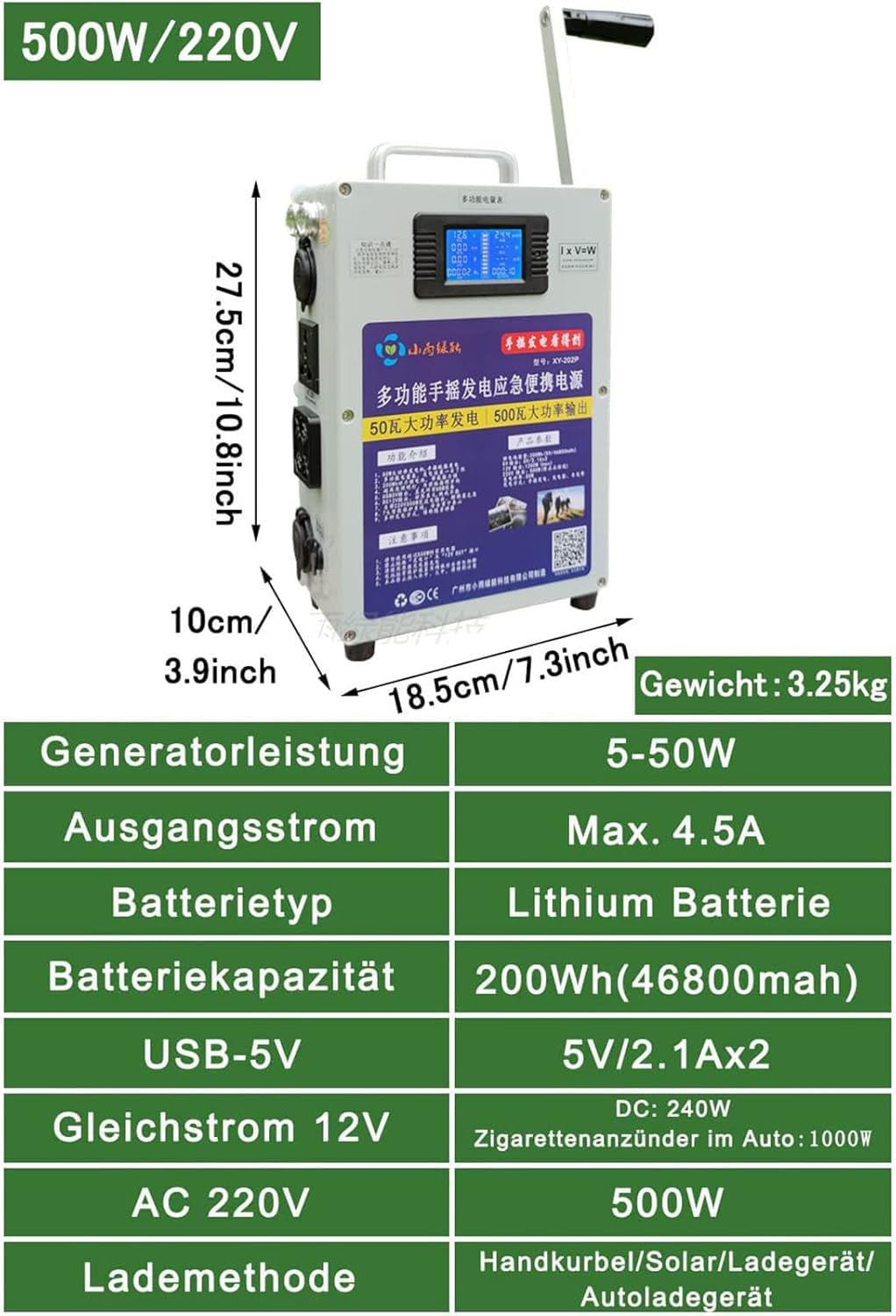 Generador Manual Manivela 500 W, Generador Portátil De Emergencia con Carga USB, Estación De Energía Portátil con Generador CC Y Toma De Corriente para Emergencias