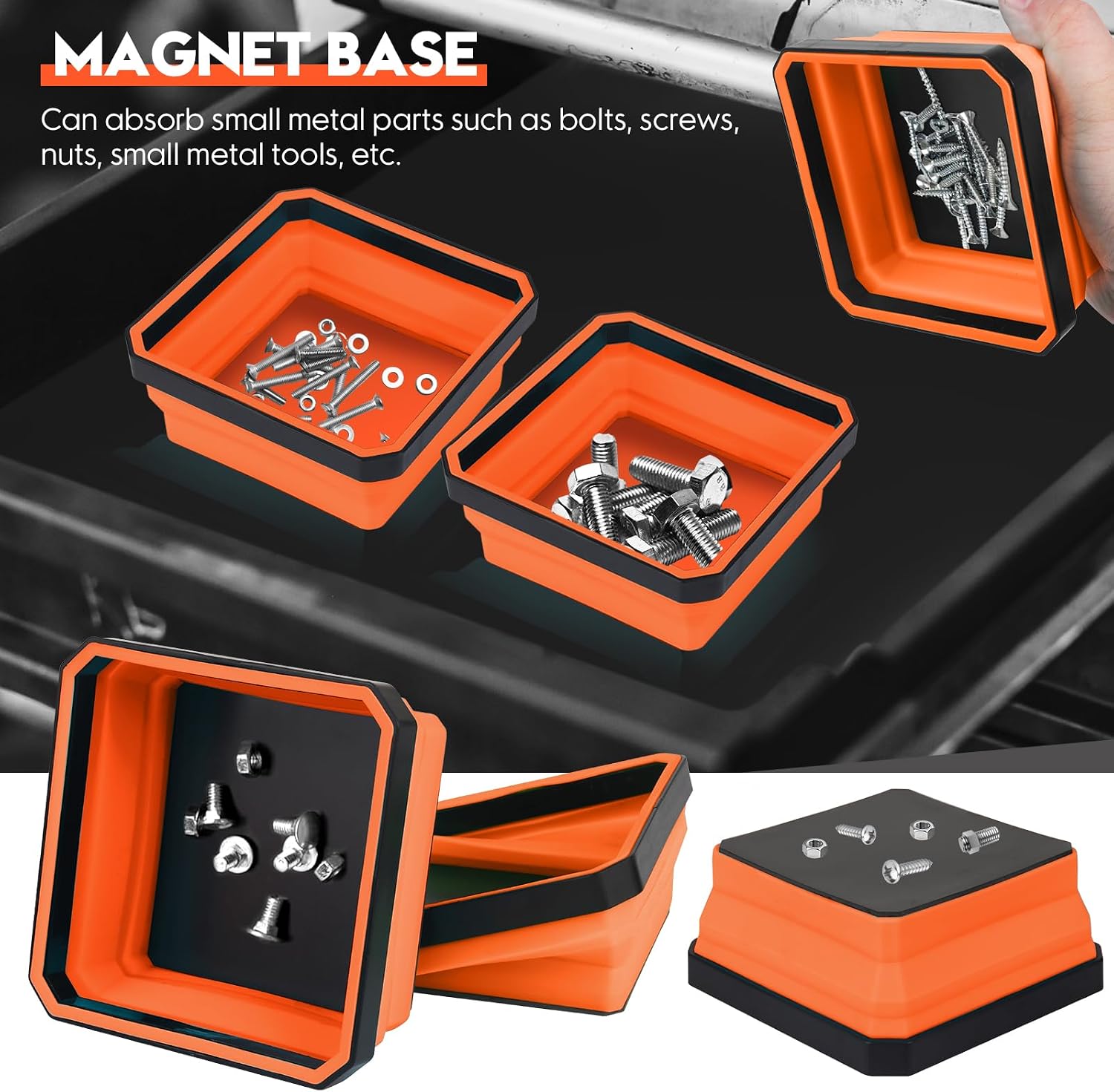 Collapsible Magnetic Parts Tray Set, 4 Pack New Version Magnetic Tool Trays for Screw Bolts Nuts Washers Pins & Small Metal Parts-4.5” Square Silicone Bowls with Double Sided Magnetic Base(Orange)