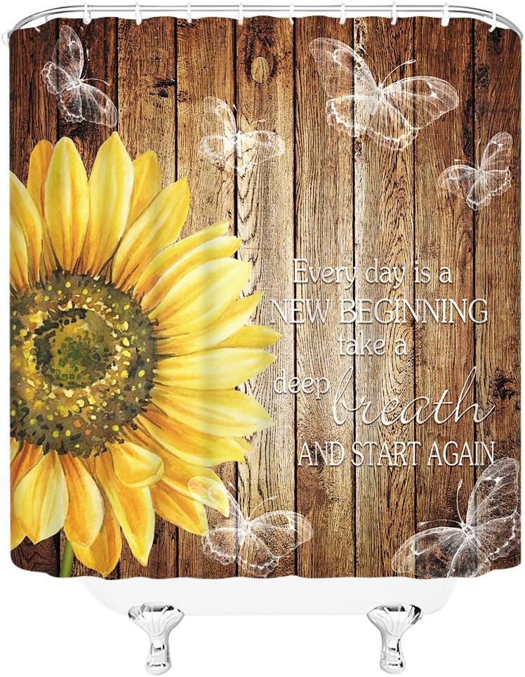 Rustic Sunflower Shower Curtain Inspirational Quotes Every Day is New Yellow Flower Butterfly Farmhouse Brown Wooden Country Motivational Word Home Decor Bathroom Fabric Set with Hooks(78"Wx70"H)