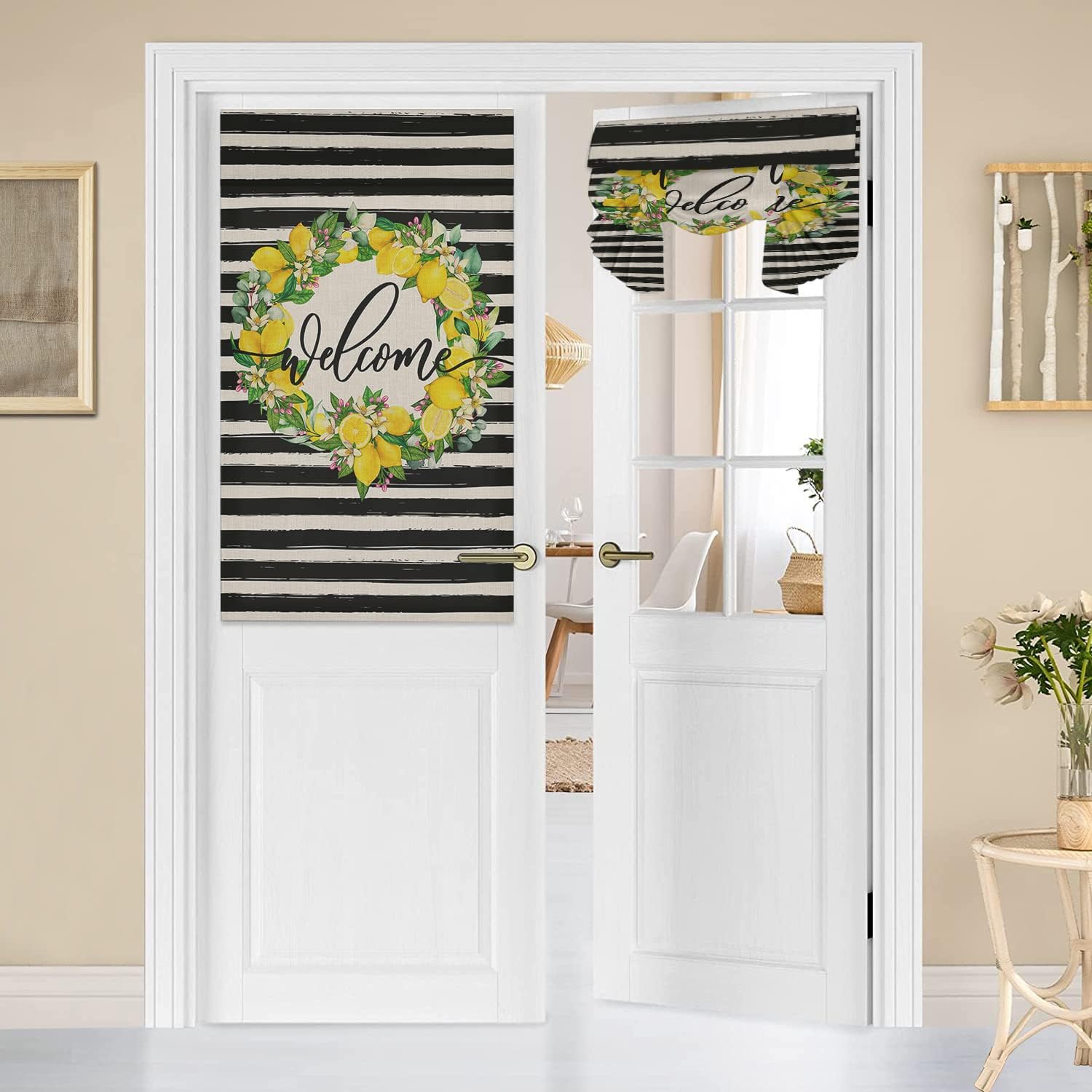 Welcome Door Curtains for Door Windows Summer Lemon French Door Curtain Privacy Tie Up Door Shade,Black Stripe Retro Linen Door Window Curtains for French Glass Door/Front Door Curtain 25x40in