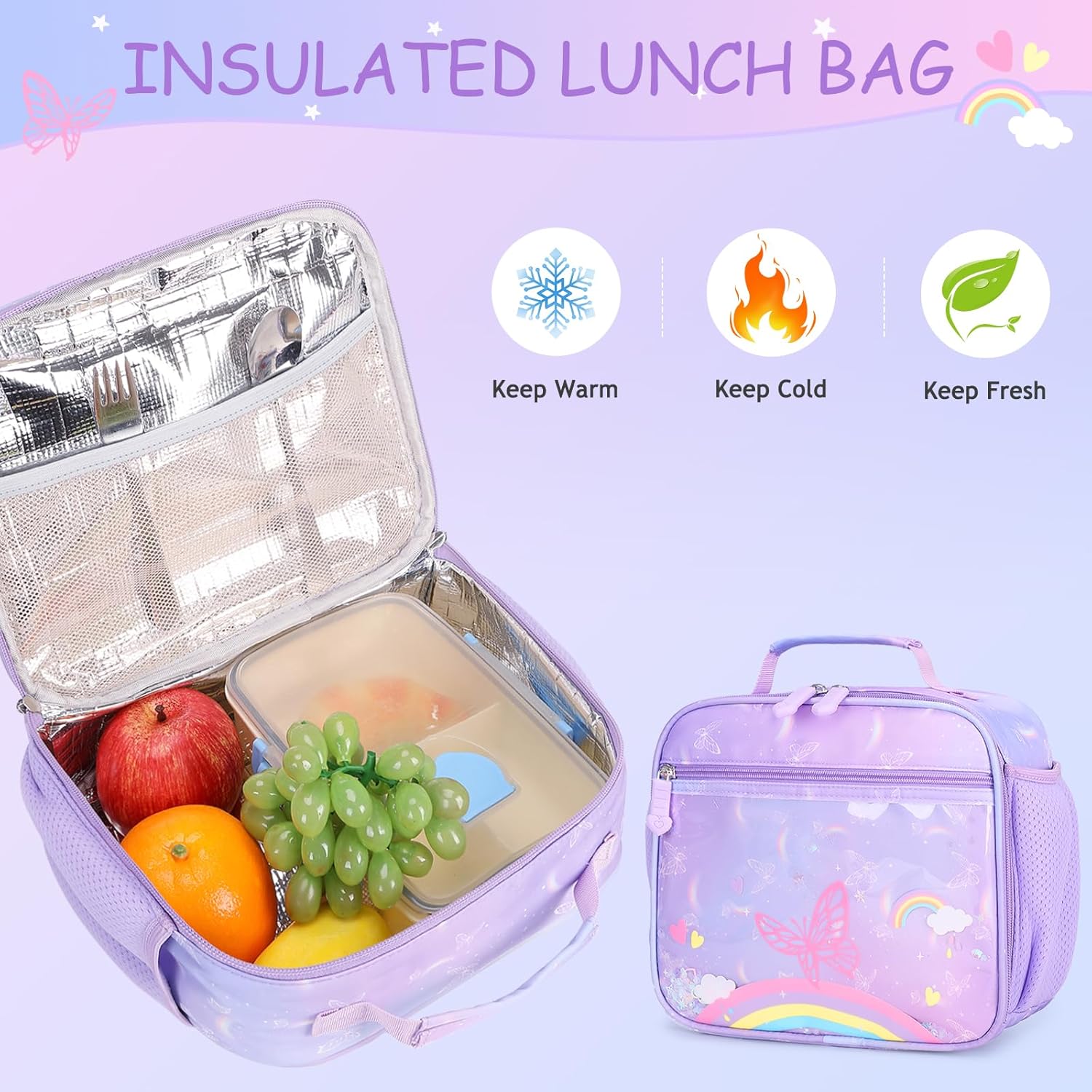 ACESAK Kids School Backpack for Girls, Rainbow Bookbag Backpack with 14OZ Kids Water Bottle, Lunch Bag Set for Girls Kid Teens Middle School Student, Girl Backpacks for Schools (4pcs Water Bottle)