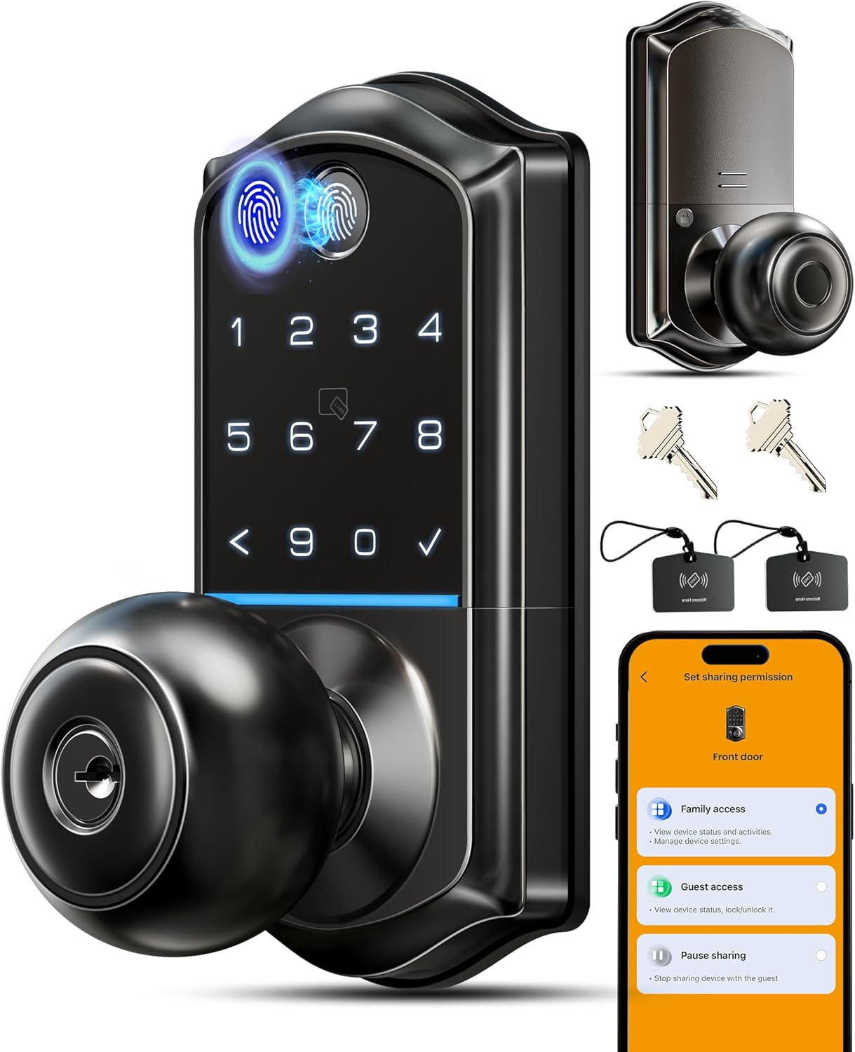 Veise VE018 Smart Knob Handle Lock – Fingerprint, App Control, Keyless Entry for Front Door and Bedroom, Electronic Digital Keypad, Auto Lock, Remote Access Sharing, IP55 Weatherproof, Matte Black